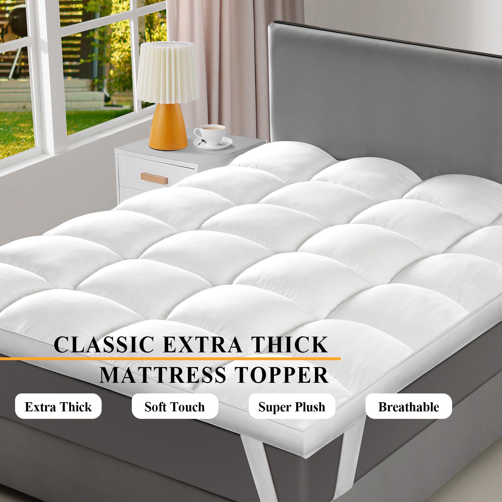 1400 GSM Extra Thick Twin Mattress Topper, Cooling Pillow Top Twin Mattress Topper, Thick Plush Soft Down Alternative Mattress Pad with Elastic Straps, 6-22 Inch Deep, Back Support