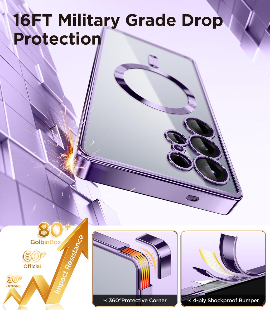 Magnetic Case Compatible with Samsung Galaxy S25 Ultra,Compatible with MagSafe,[Full Camera Protection][Screen Protector] Shockproof Plating Clear Phone Cover for Galaxy S25 Ultra(Black/Clear)