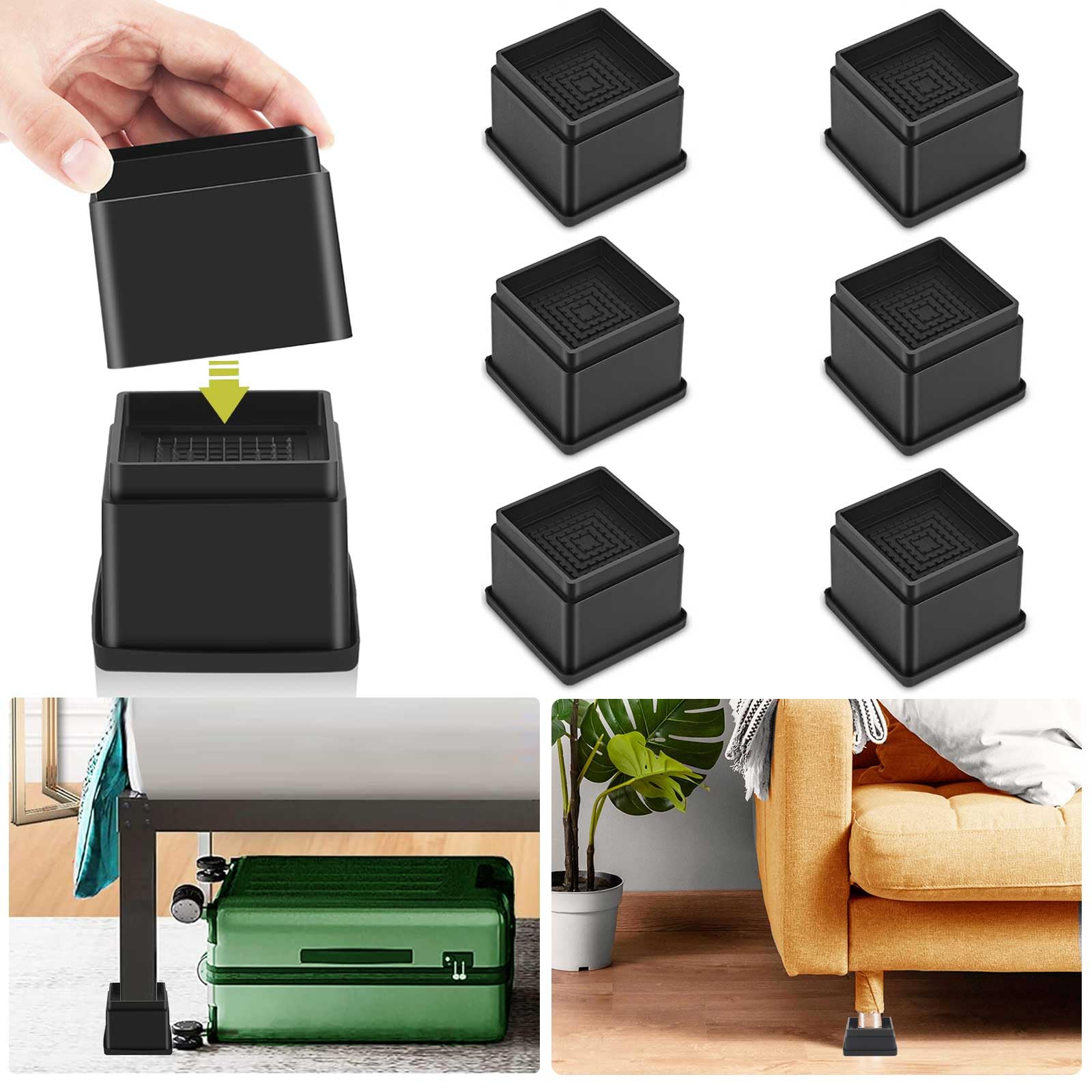 12 Pack Furniture Risers 1 Inch, Adjustable Bed Risers Heavy Duty for Table Desk Couch Chair Sofa Cabinet Bed Frame Dorm, Square Stackable Table Leg Risers Lift Height 1", 2" or 3", Black