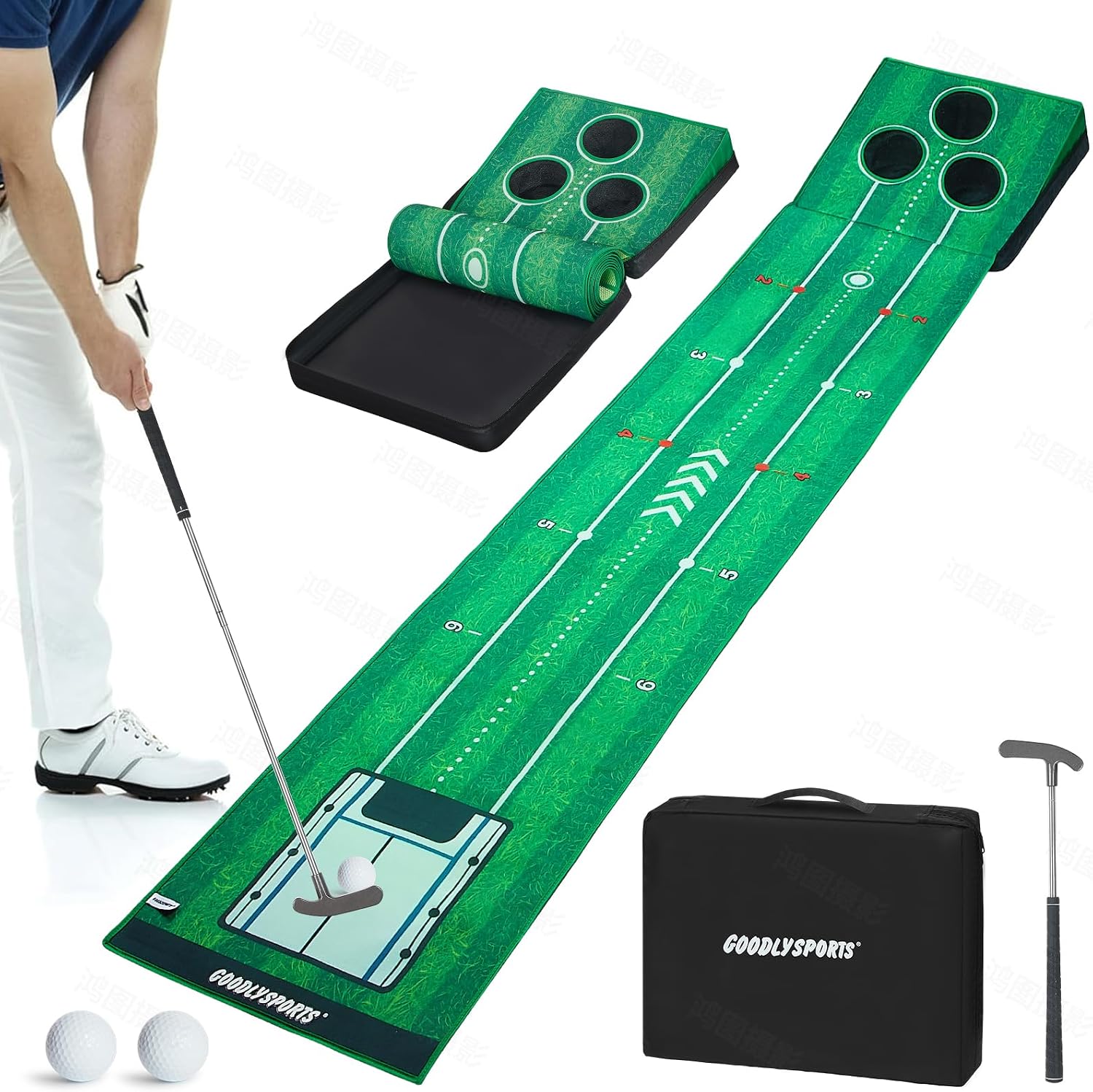 New Portable Golf Putting Mat, Mini Golf - Putting Green Indoor + Putting Green Outdoor - Putting Mat with 3 Balls + Retractable Push Rod (Youth) - Putting Matt for Indoors, Golf Gifts for Men Kids