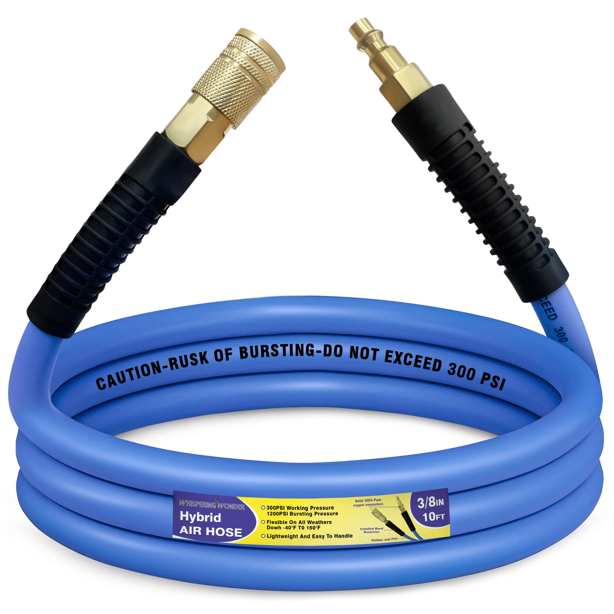Air Compressor Hose 1/2 in, 300 PSI Heavy Duty Hybrid Air Hose with Quick Coupler and Plug Kit, Lightweight, Kink Resistant, All Weather Flexibility with Bend Restrictors, 6 Feet