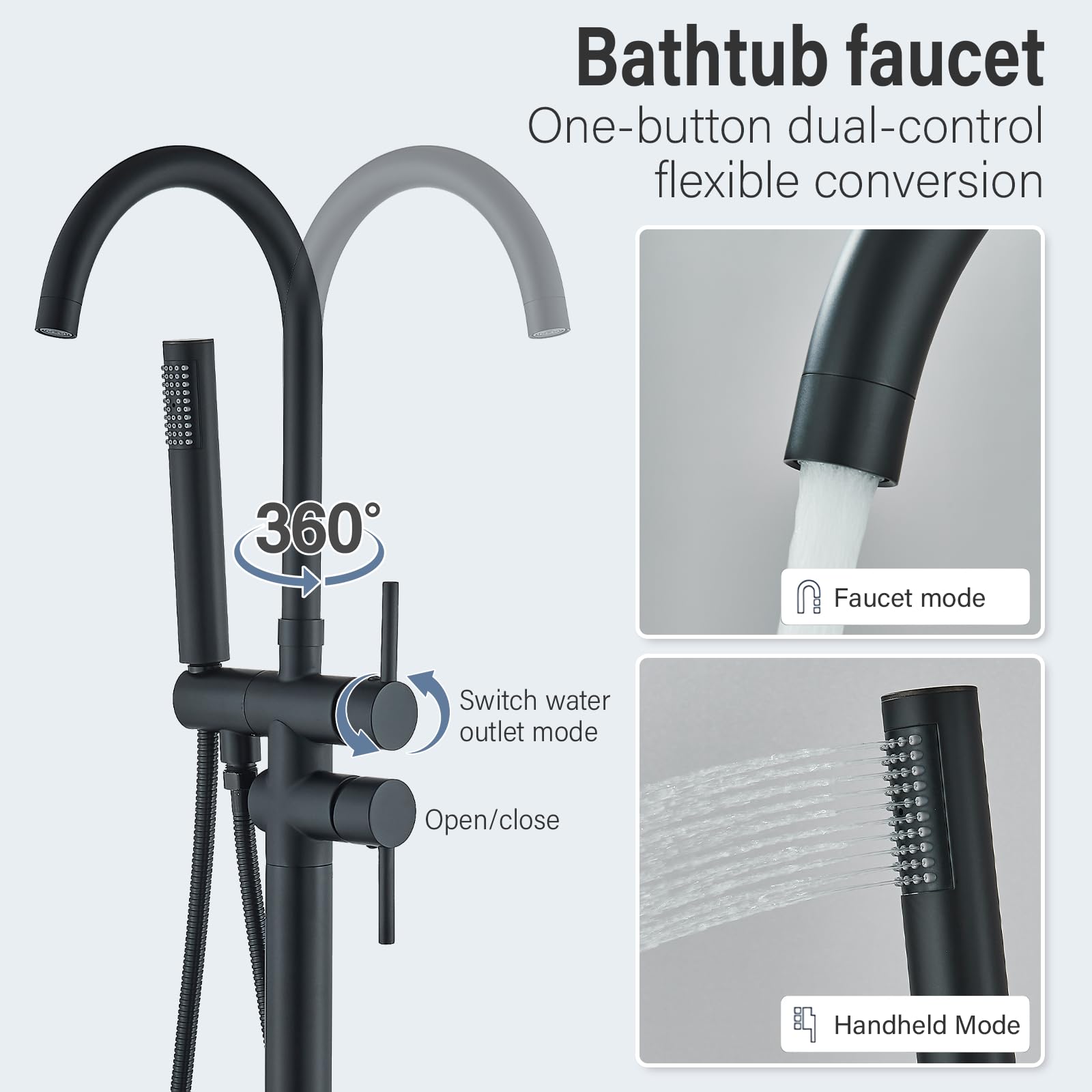 Brushed Gold Freestanding Bathtub Faucet with Hand Shower Tub Filler Faucet Floor Mounted High Flow Single Handle Bath Filler Solid Brass