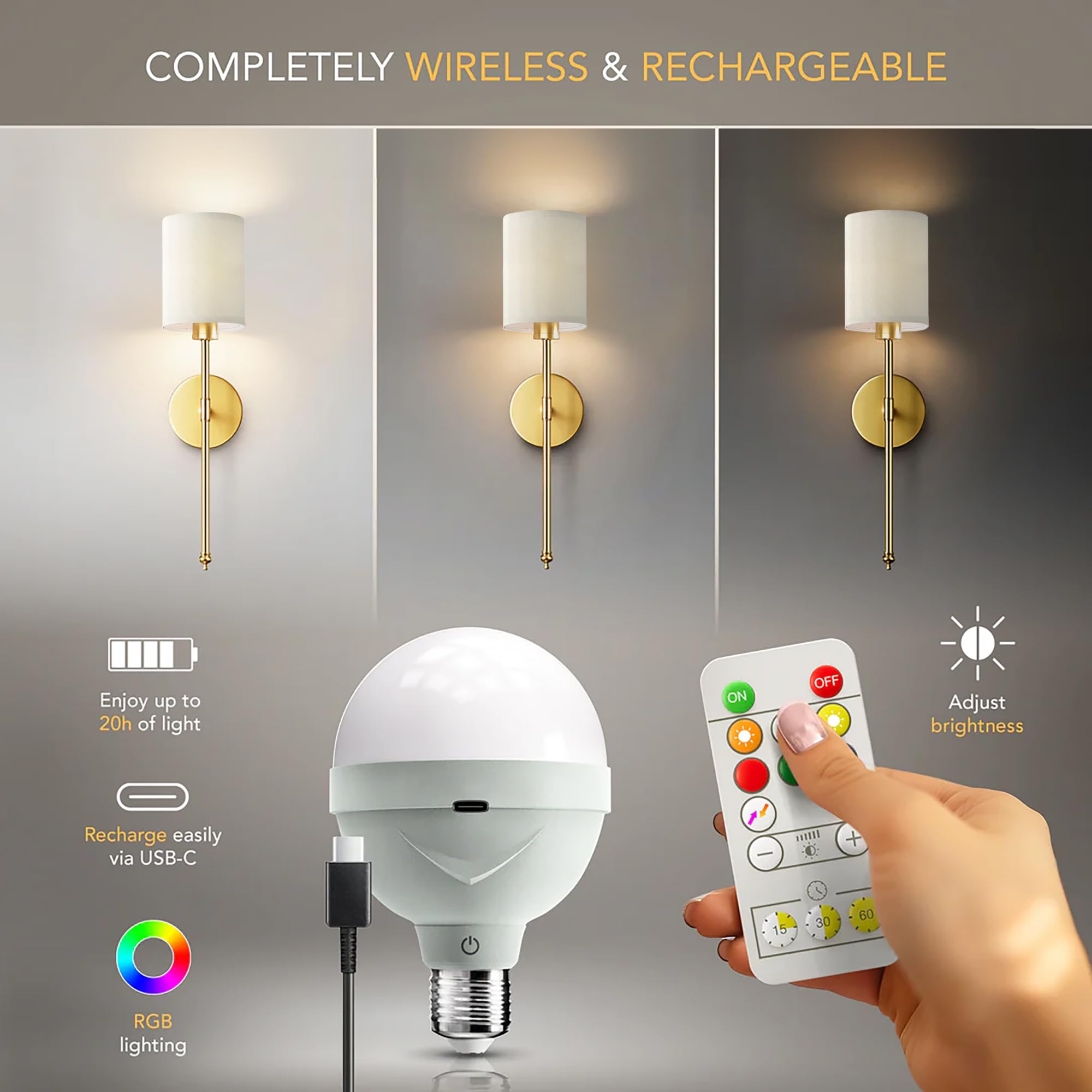 PRIDOLA Set of 2 Wireless Wall Sconces - Stick-On or Screw Mount for Easy Installation with Rechargeable LED Bulbs, Remote Controlled, Adjustable Brightness & Warmth, Vintage Wall Decor (Silver)