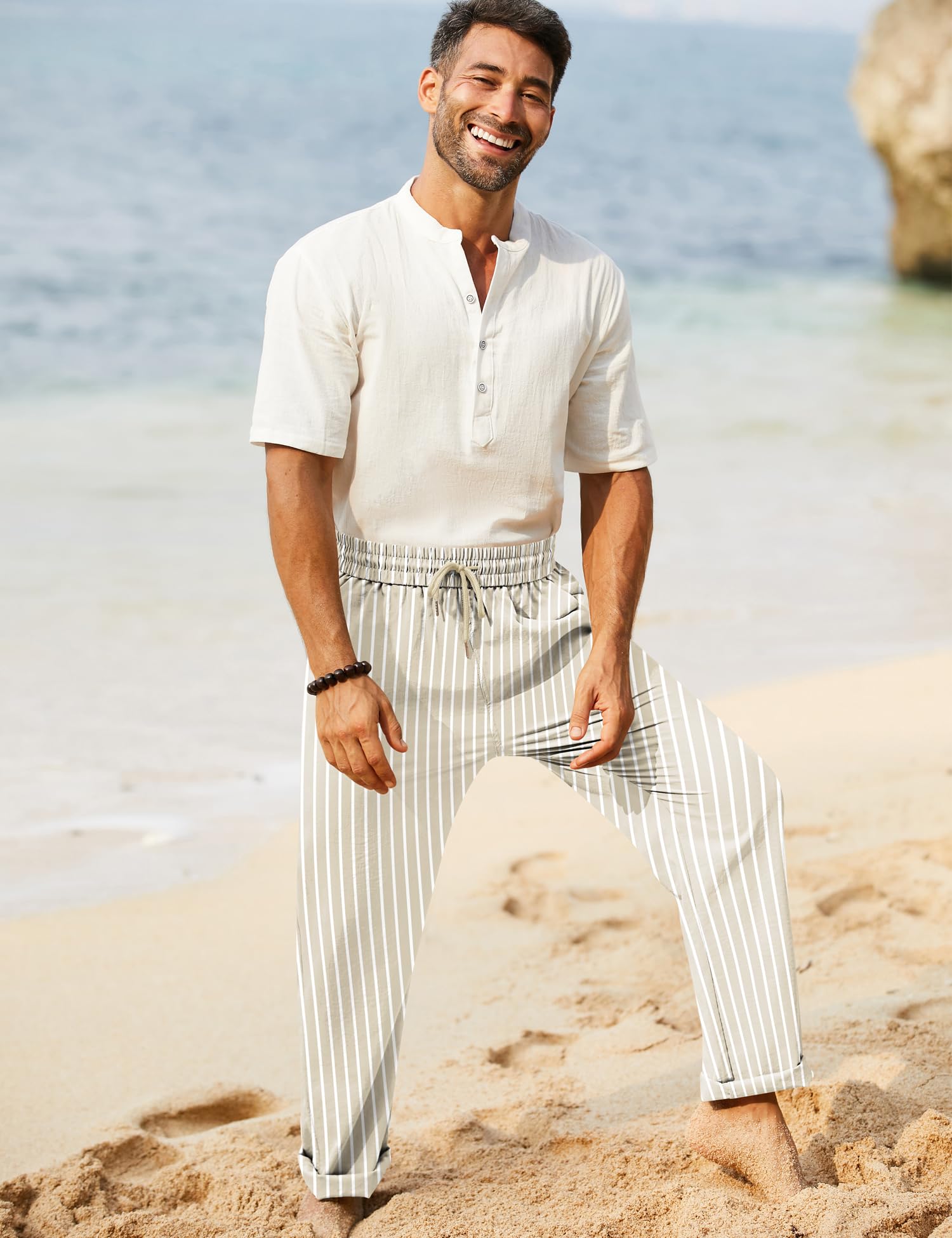 iWoo Linen Pants Men Casual 2025 Summer Beach Elastic Drawstring Waist Yoga Pants Travel Baggy Work Pant Pajama