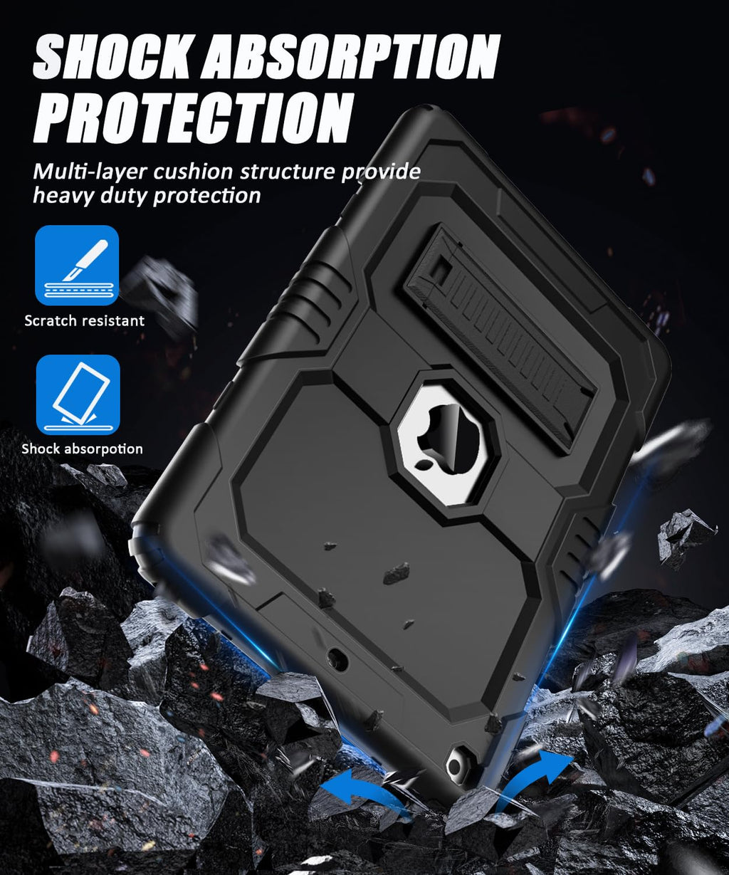 OKP Case for iPad 9th/ 8th/ 7th Generation (2021/2020/2019), Heavy Duty 10.2 inch iPad Shockproof Rugged Protective Cover with Built-in Stand, Hard iPad 9 8 7 Gen Cases for Kids Girls Boys, Black
