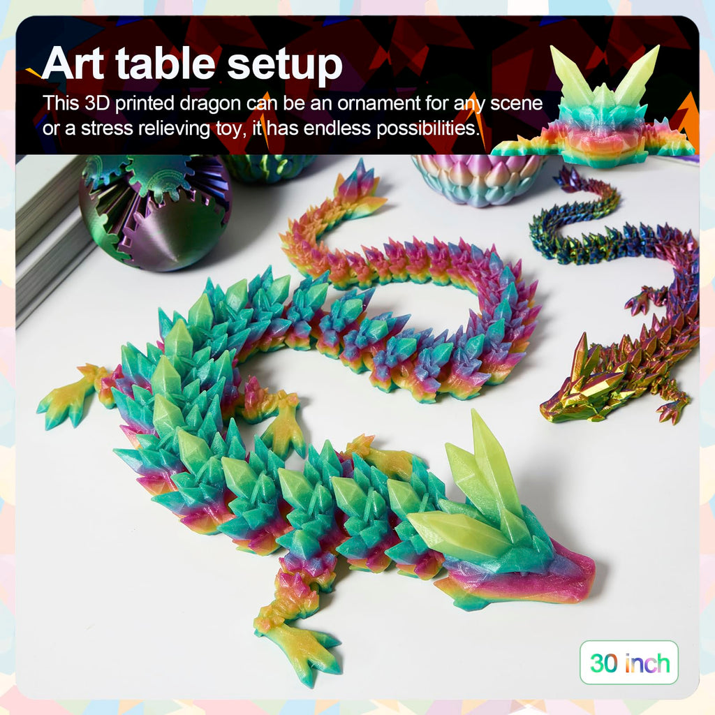 24" Large 3D Printed Dragon - Huge Articulated Crystal Dragon Fidget Toy, Giant Flexible 3D Dragon Figure, Birthday Gift for Boys Girls Kids & Collectors, Home Office Executive Desk Decor