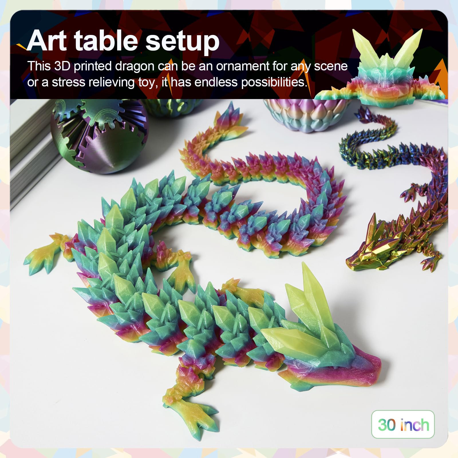 24" Large 3D Printed Dragon - Huge Articulated Crystal Dragon Fidget Toy, Giant Flexible 3D Dragon Figure, Birthday Gift for Boys Girls Kids & Collectors, Home Office Executive Desk Decor