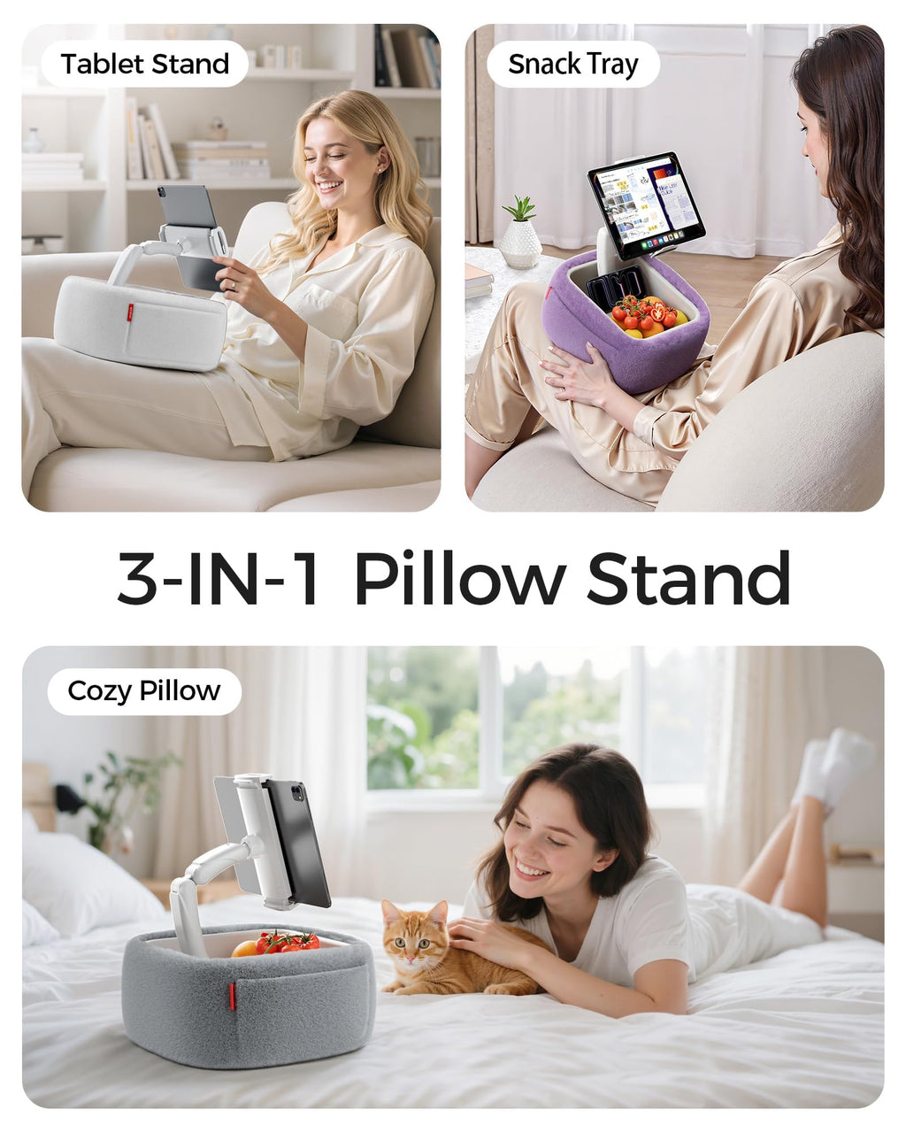 LULULOOK Tablet Pillow Stand, Compatible with iPad, iPhone and 4.7-14.6”Tablet, 360° Adjustable Kindle Pillow Stand for Bed with Ultra Fluffy Fabric & Snack Bowl (Cloudy White)