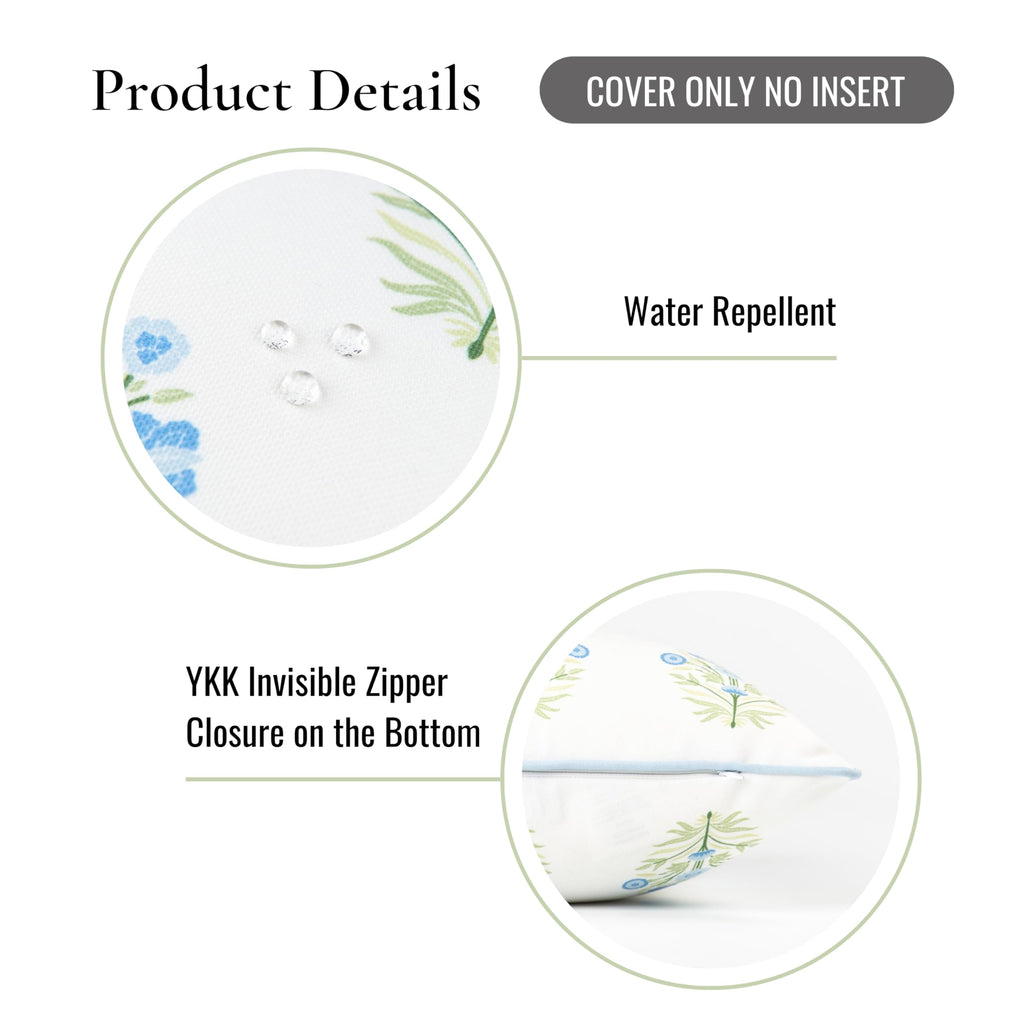 Hofdeco Premium Coastal Patio Indoor Outdoor Lumbar Pillow Cover Only, 12"x20" Water Repellent for Backyard, Couch, Baby Blue Green Floral with Piping