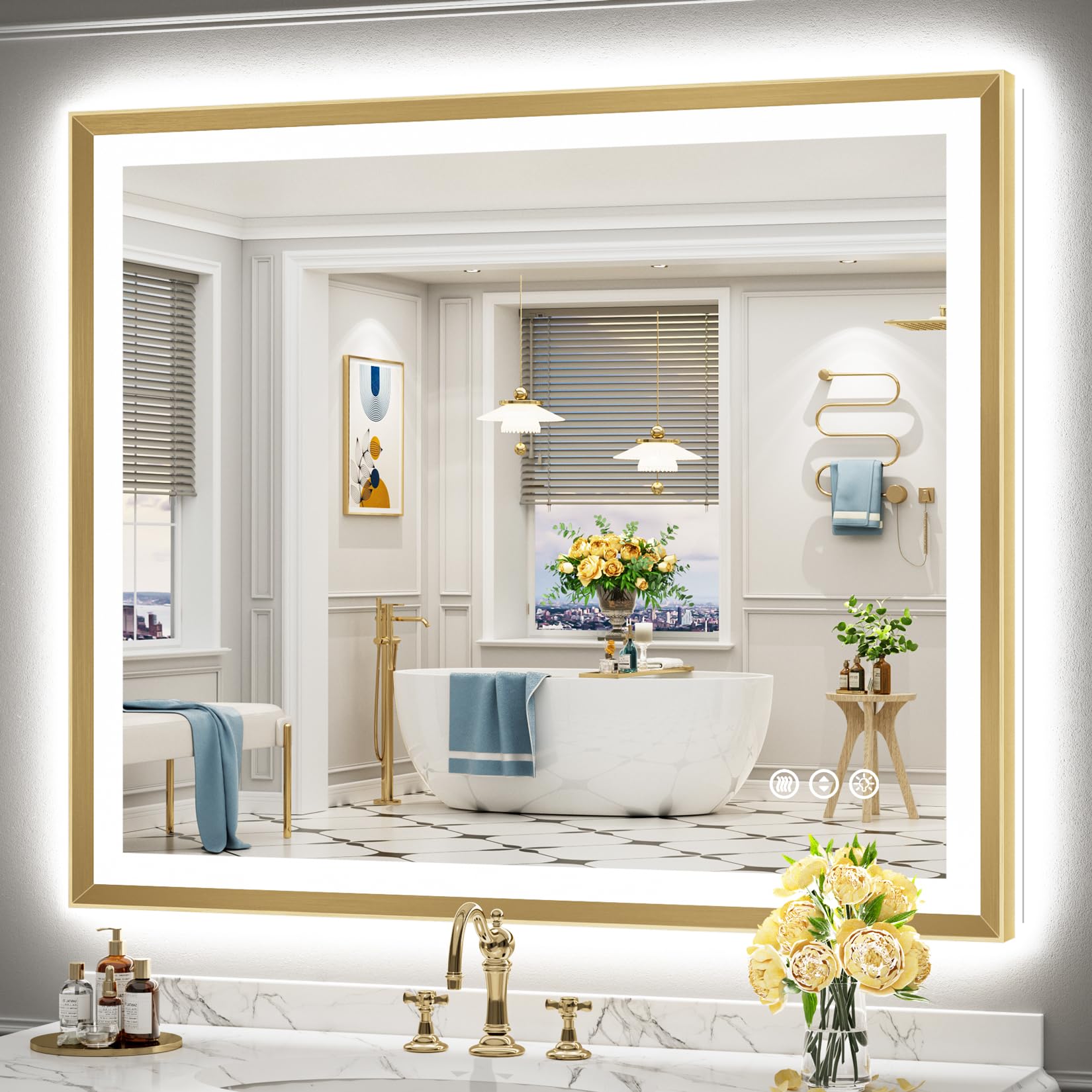 24x36 Gold Beveled LED Bathroom Mirror with Lights, Brushed Gold Framed Backlit and Front Lit Anti-Fog Lighted Vanity Mirrors for Bathroom Wall, Dimmable, 3 Colors, Memory, HD Tempered Glass