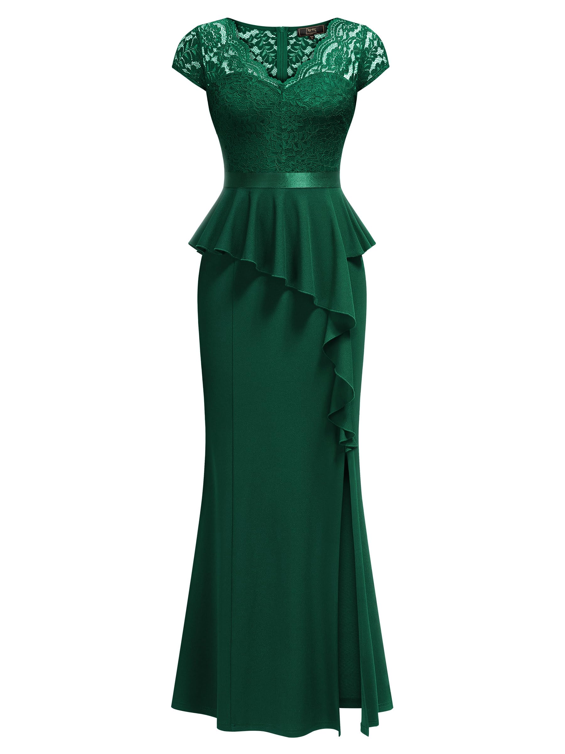MISSMAY Women's Elegant Floral Lace Ruffle Split Cocktail Party Long Dress