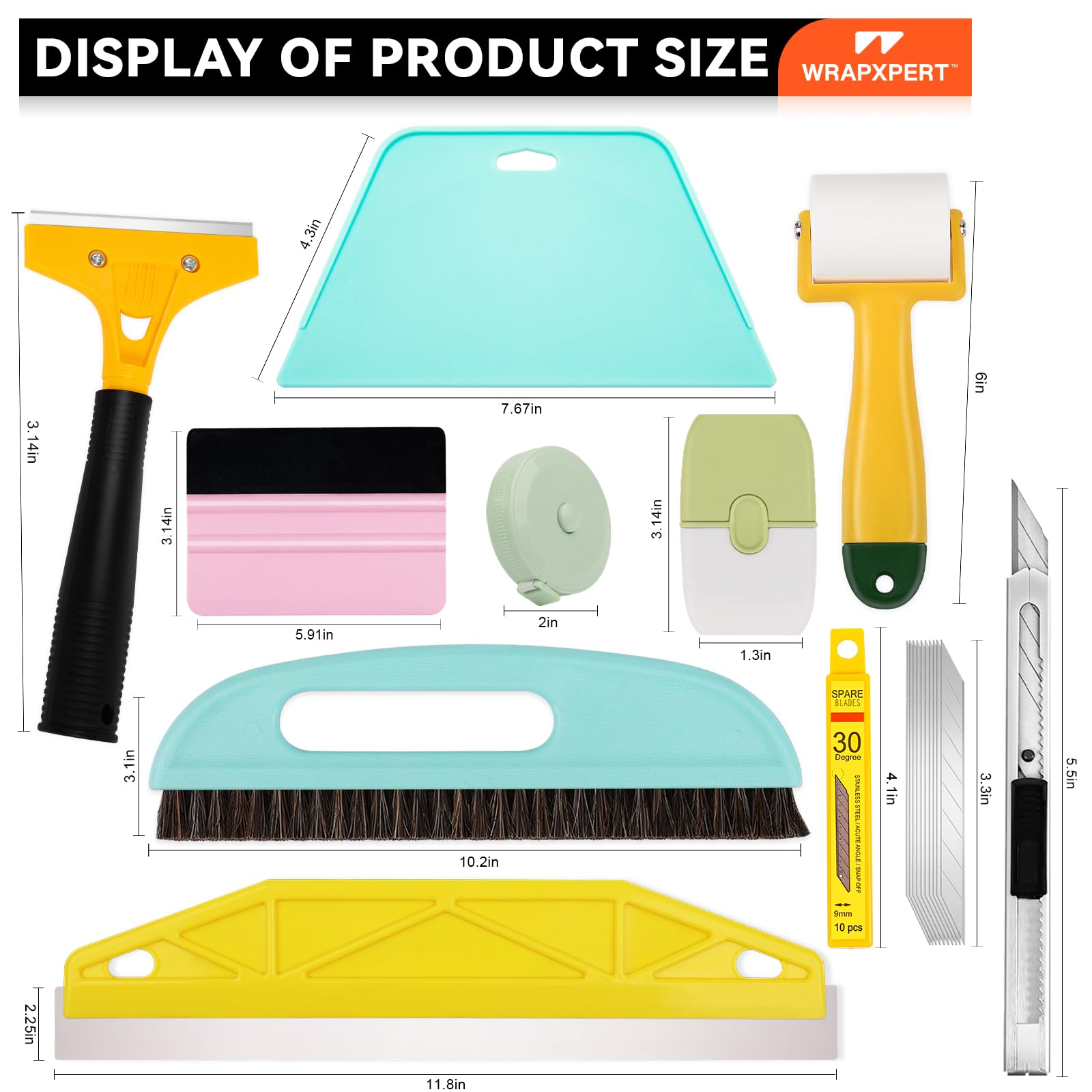 WRAPXPERT Wallpaper Tools, Smoothing Tool Kit for Peel and Stick Wallpaper/Contact Paper/Vinyl Backsplash Applying, with Squeegee Smoother, Seam Roller, Razor Scraper, Knife and Blades