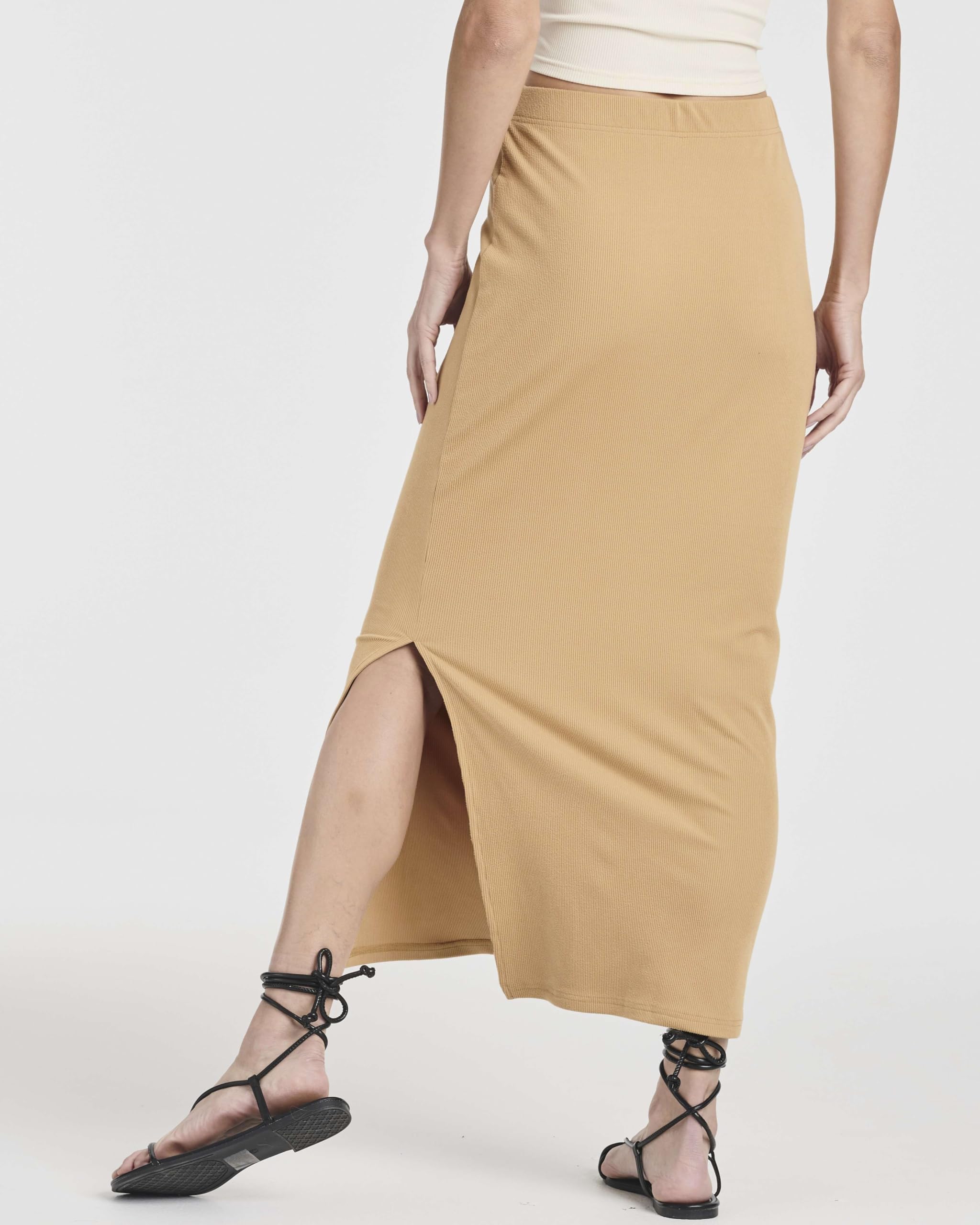 Real Essentials 3 Pack: Women's Ribbed High Waisted Maxi Skirt with Side Slit - Casual Long Pencil Skirt