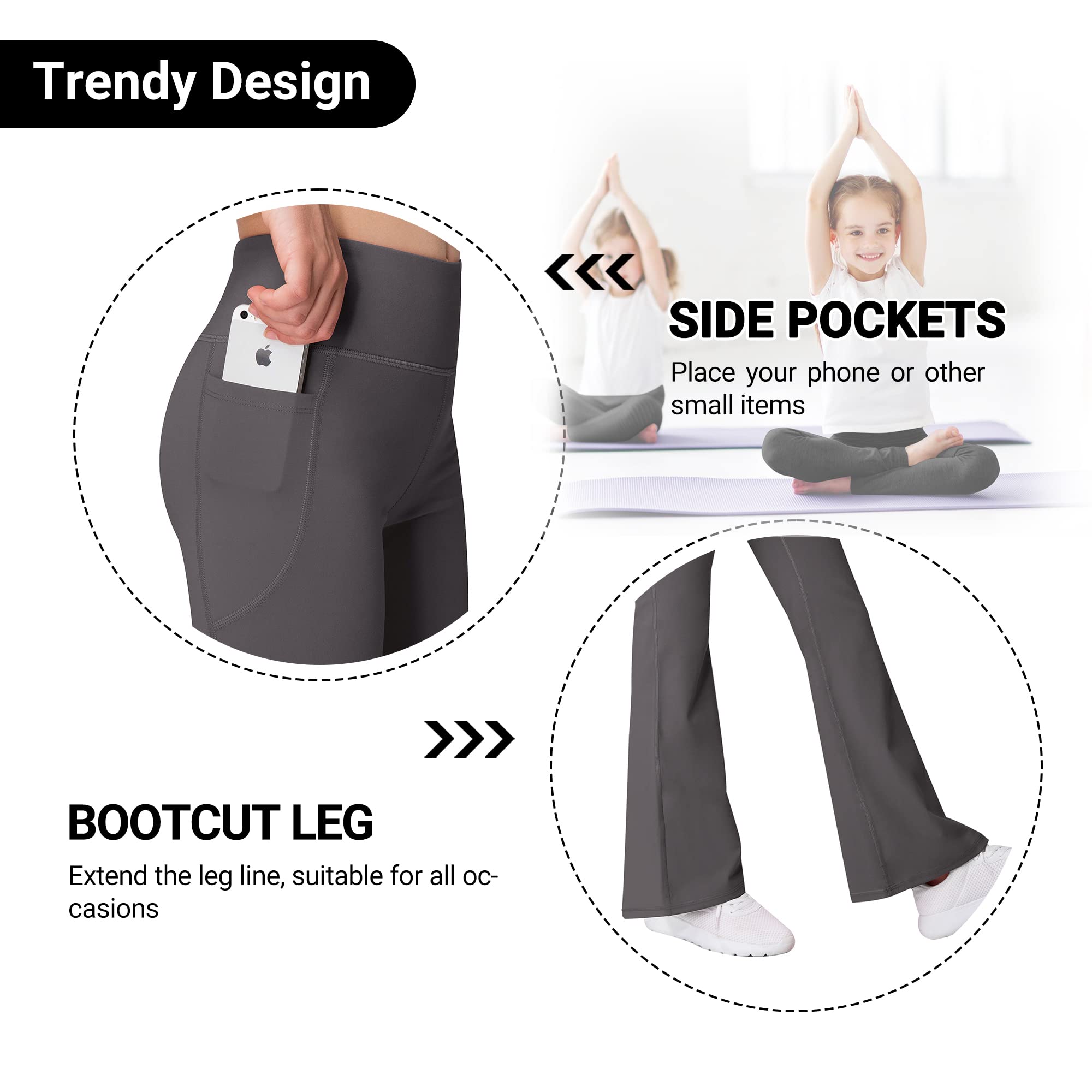 AENLLEY Girl Yoga Flare Wide Leg Tummy Control Stretchy Pants for Causal with Pockets 3 Pack