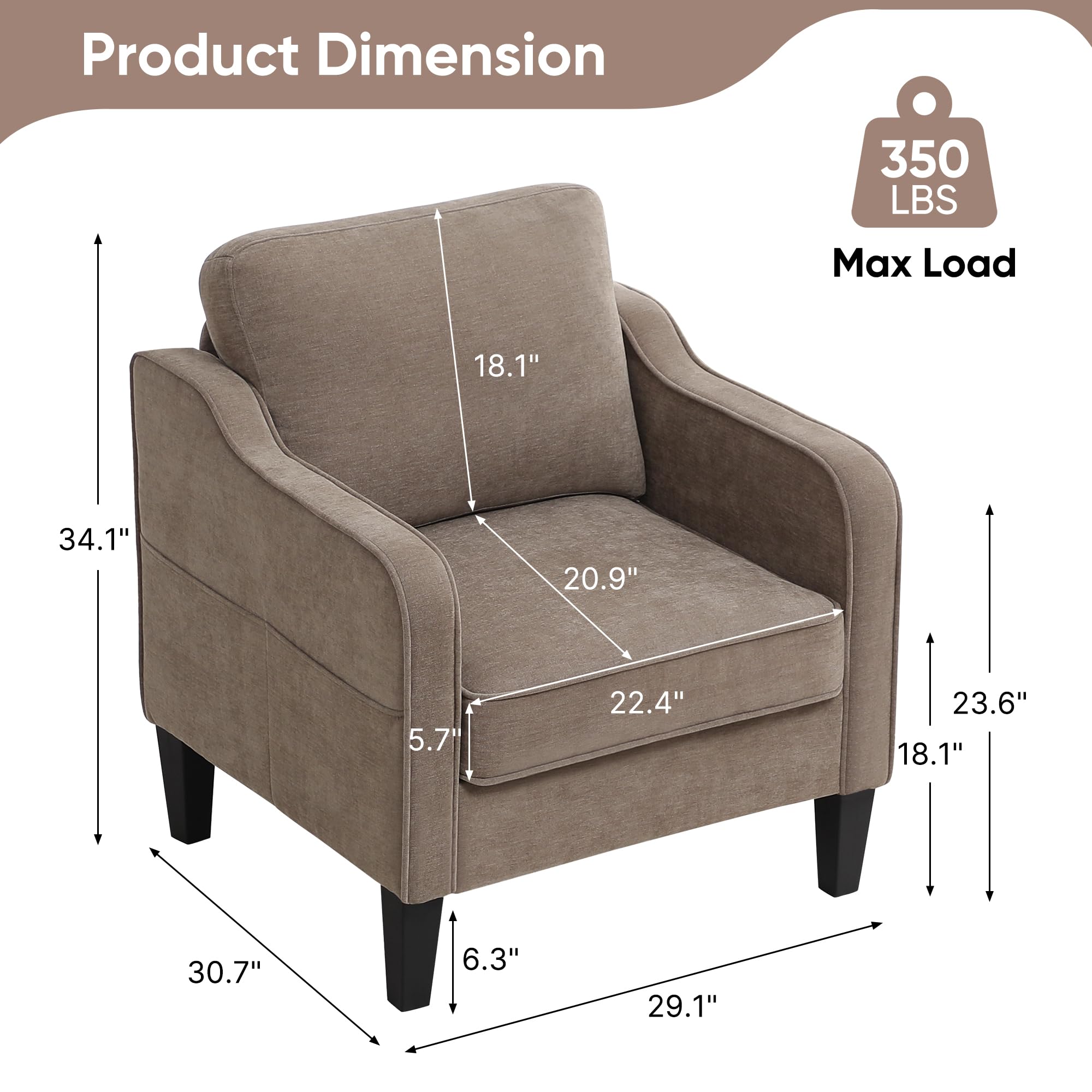 Accent Chair for Living Room, Mid Century Modern Reading Chair for Bedroom, Upholstered Armchair with Side Pockets, Comfy Single Sofa Side Chair for Office, Apartment, Small Room, Beige