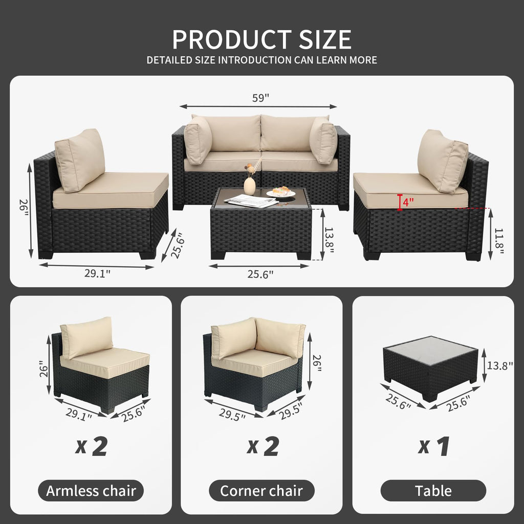 WAROOM Outdoor 5 Piece Patio Furniture Set, Black Rattan Conversation Couch Resin Wicker Sectional Sofa Outside Chair with Coffee Table, Grey Cushion