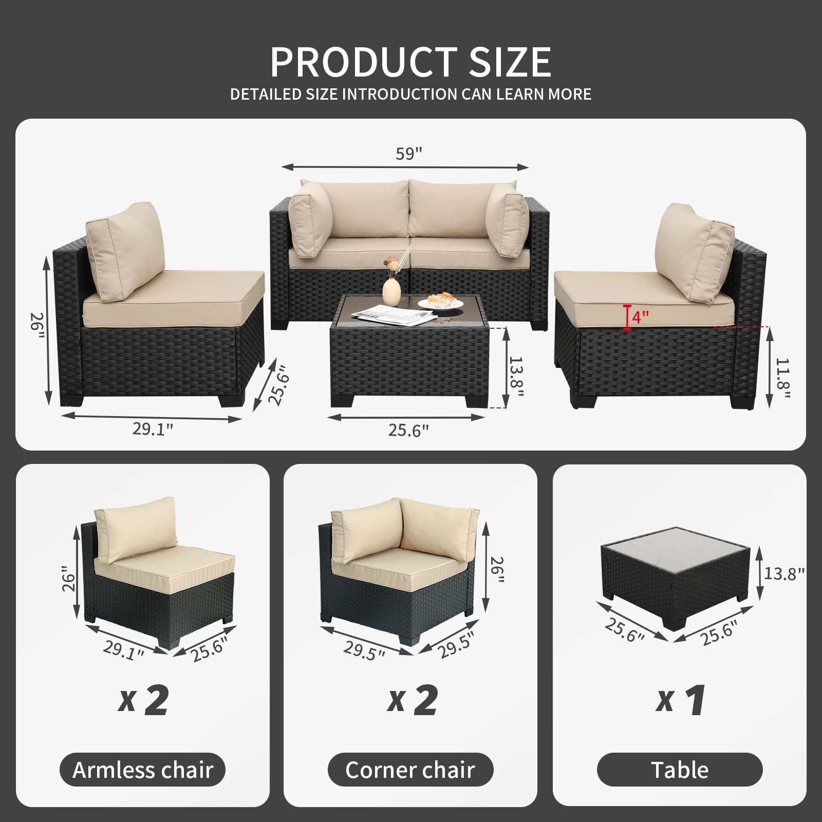 WAROOM Outdoor 5 Piece Patio Furniture Set, Black Rattan Conversation Couch Resin Wicker Sectional Sofa Outside Chair with Coffee Table, Grey Cushion
