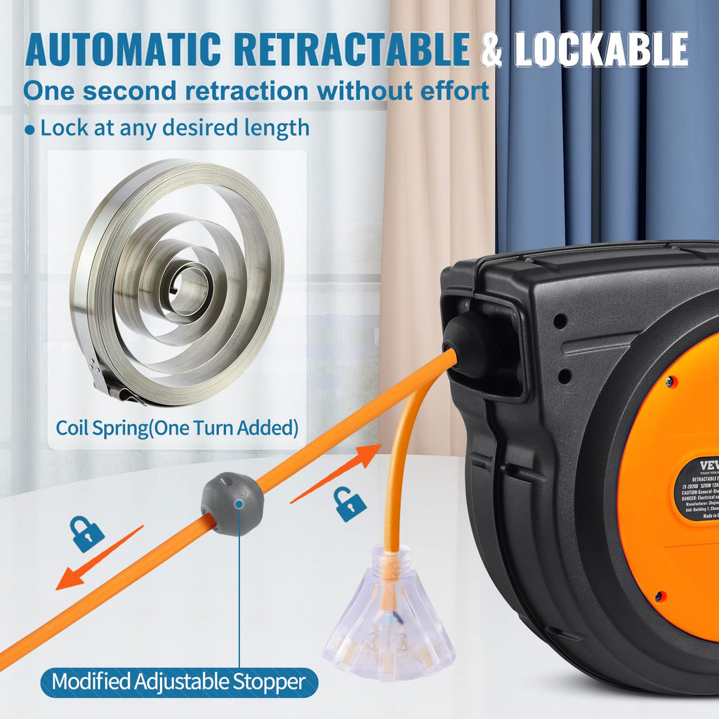VEVOR Retractable Extension Cord Reel, 30 FT, Heavy Duty 16AWG/3C SJTOW Retractable Power Cord Reel with Lighted Triple Tap Outlet 10 Amp Circuit Breaker 4.5FT Lead-in Cord, for Ceiling or Wall Mount