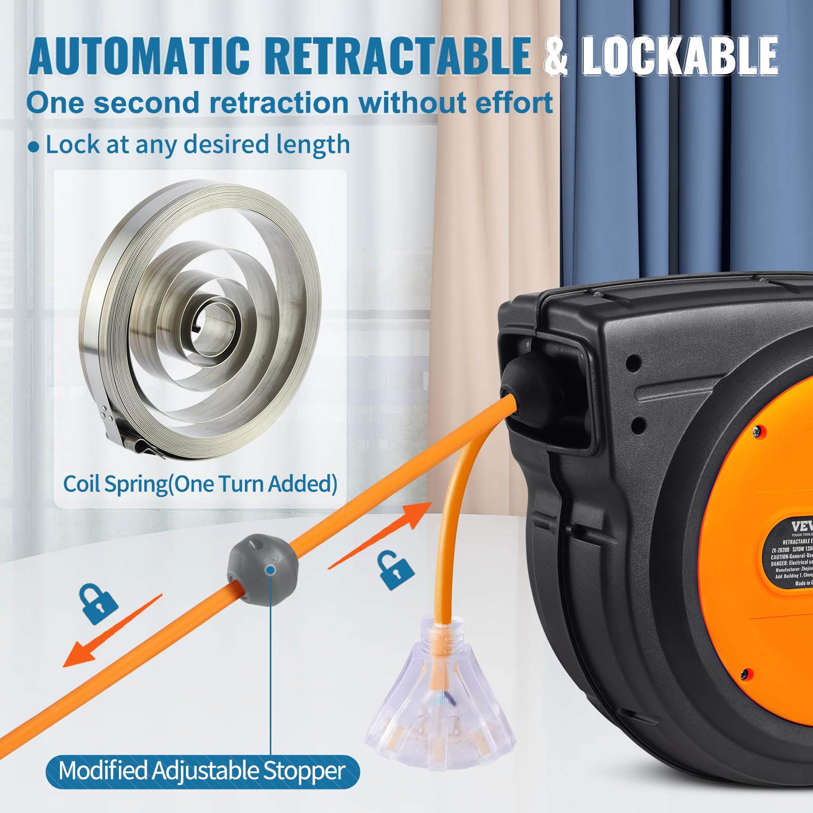VEVOR Retractable Extension Cord Reel, 30 FT, Heavy Duty 16AWG/3C SJTOW Retractable Power Cord Reel with Lighted Triple Tap Outlet 10 Amp Circuit Breaker 4.5FT Lead-in Cord, for Ceiling or Wall Mount
