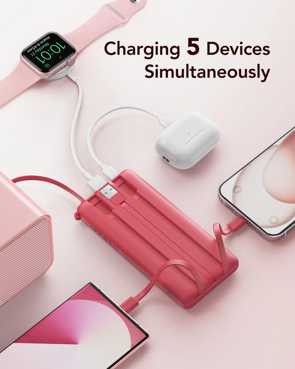 VRURC Portable Charger Power Bank, USB C Battery Pack 10000mAh, Flight-Safe Travel Essentials, 5 Outputs 2 Inputs Slim Phone Charging Bank Built-in Cables for Multi Devices-Lavender(1 Pack)