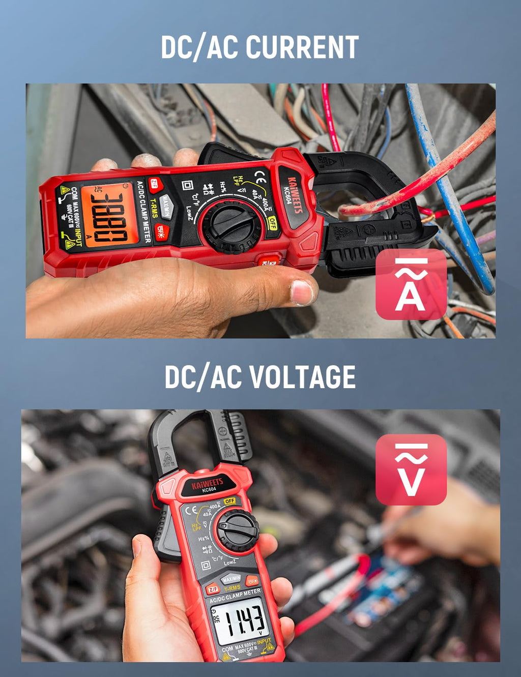 KAIWEETS Digital Clamp Meter Multimeter with D-Shaped Jaw for AC/DC Current & Voltage, Auto-ranging 4000 Counts Voltage Tester with Flashlight Backlight, Measuring Temperature Continuity Diode NCV