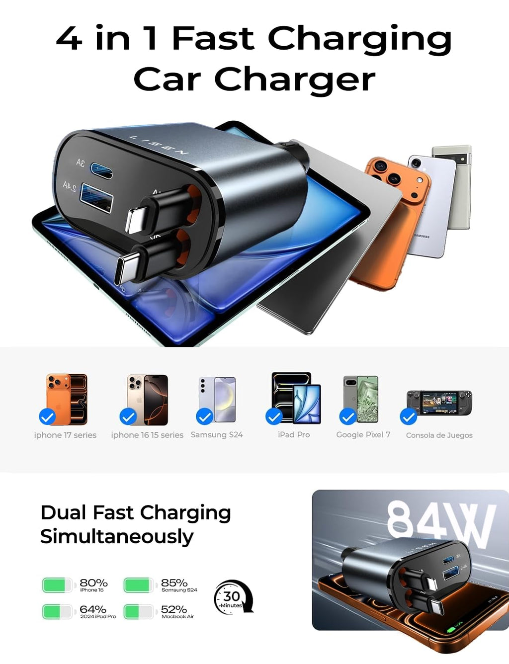 LISEN Retractable Car Charger, 84W Car Charger USB C Fast Charger Adapter for iPhone, Car Accessories for Men Women, Birthday Gifts for Fathers Day for Men Dad Husband, for iPhone 17 16 15 14 13 12 11