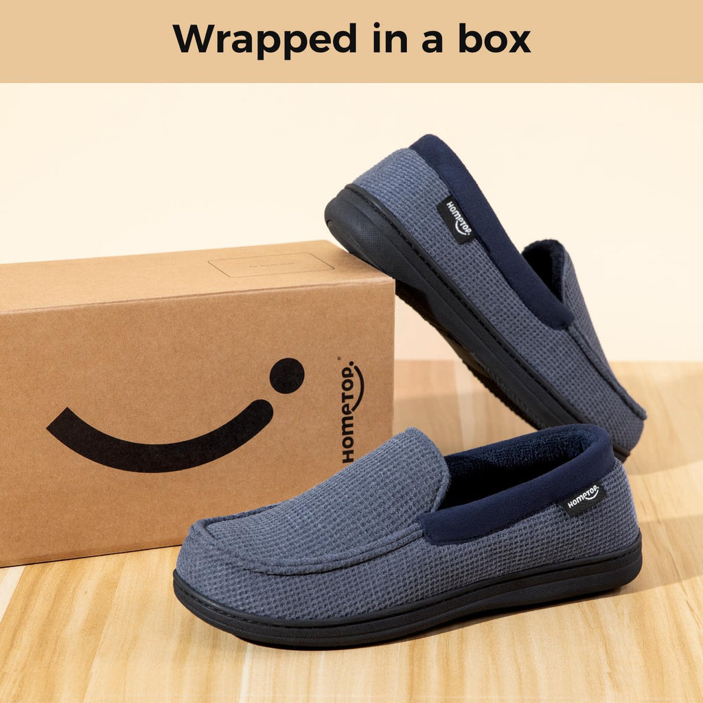 HomeTop Men's Comfort Memory Foam Moccasin Slippers, Breathable Cotton Knit Terry Cloth House Shoes for Indoor Outdoor