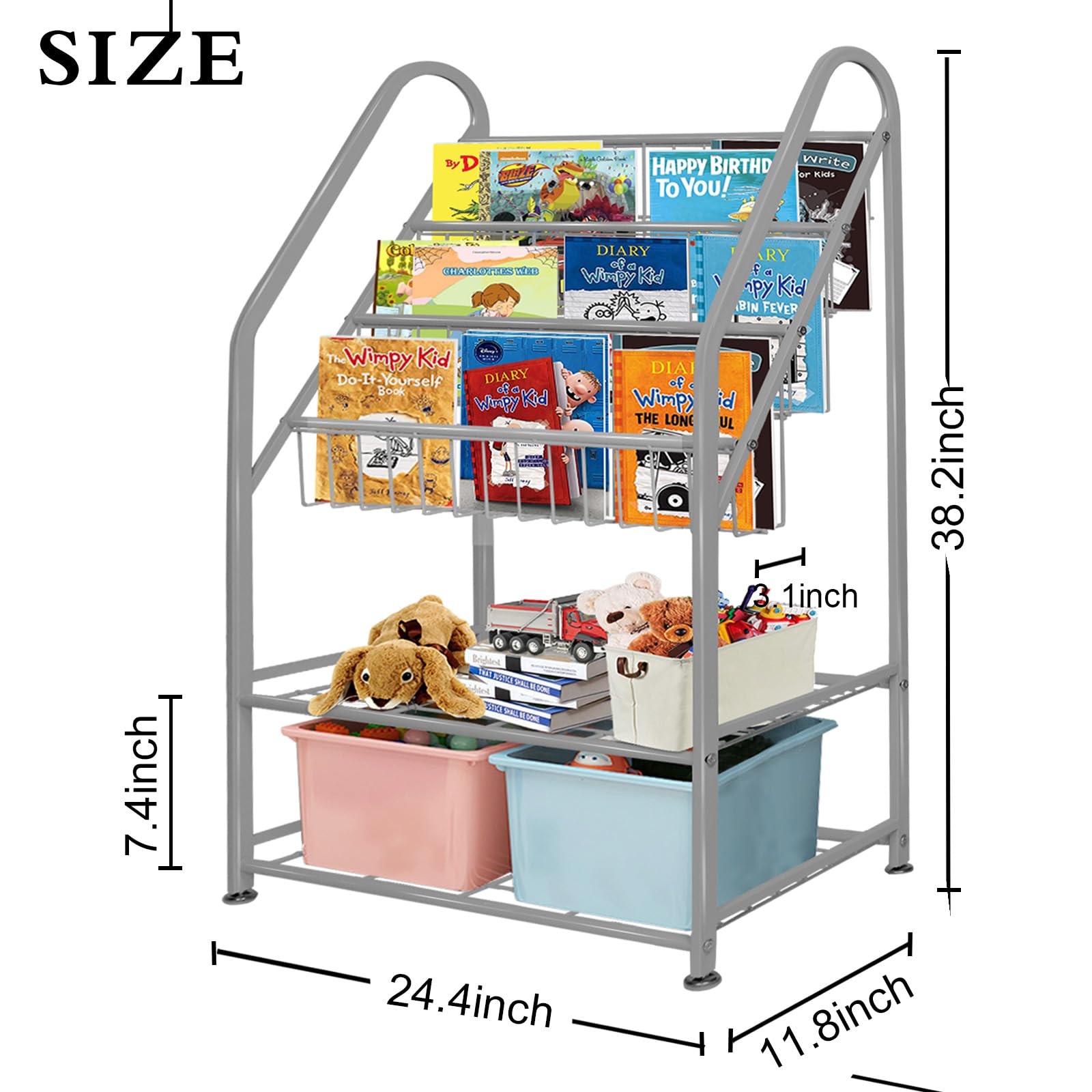 aboxoo Metal Kids Bookshelf Black Large Freestanding for Children Room 32 in Toy Organizer Large Stable Bookcase Bookstore Library Book Unit Storage Kids Bed Living Room