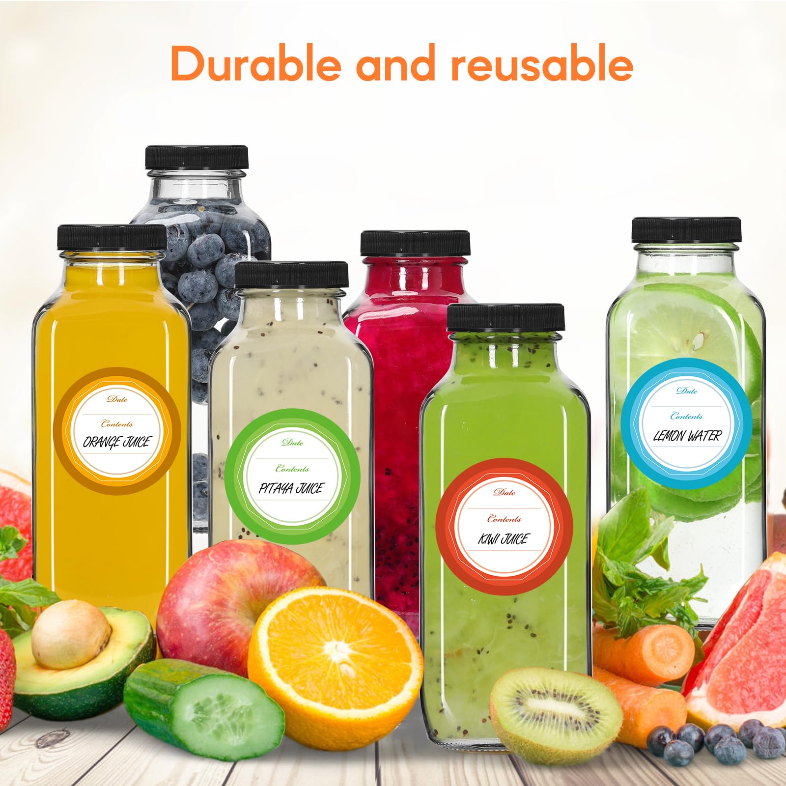STARSIDE 8 oz Glass Juice Bottles with Lids 12 Pack - Square Reusable Drinking Jars for Juicing, Milk, Kombucha - Includes 1 Bottle Brush, 12 Colored Labels