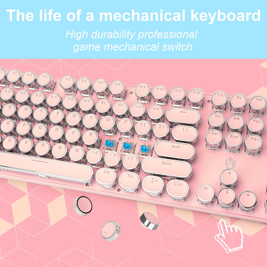YSCP Typewriter Style Mechanical Gaming Keyboard RGB Backlit Wired with Blue Switch Retro Round Keycap 104 Keys Keyboard (R-Black)