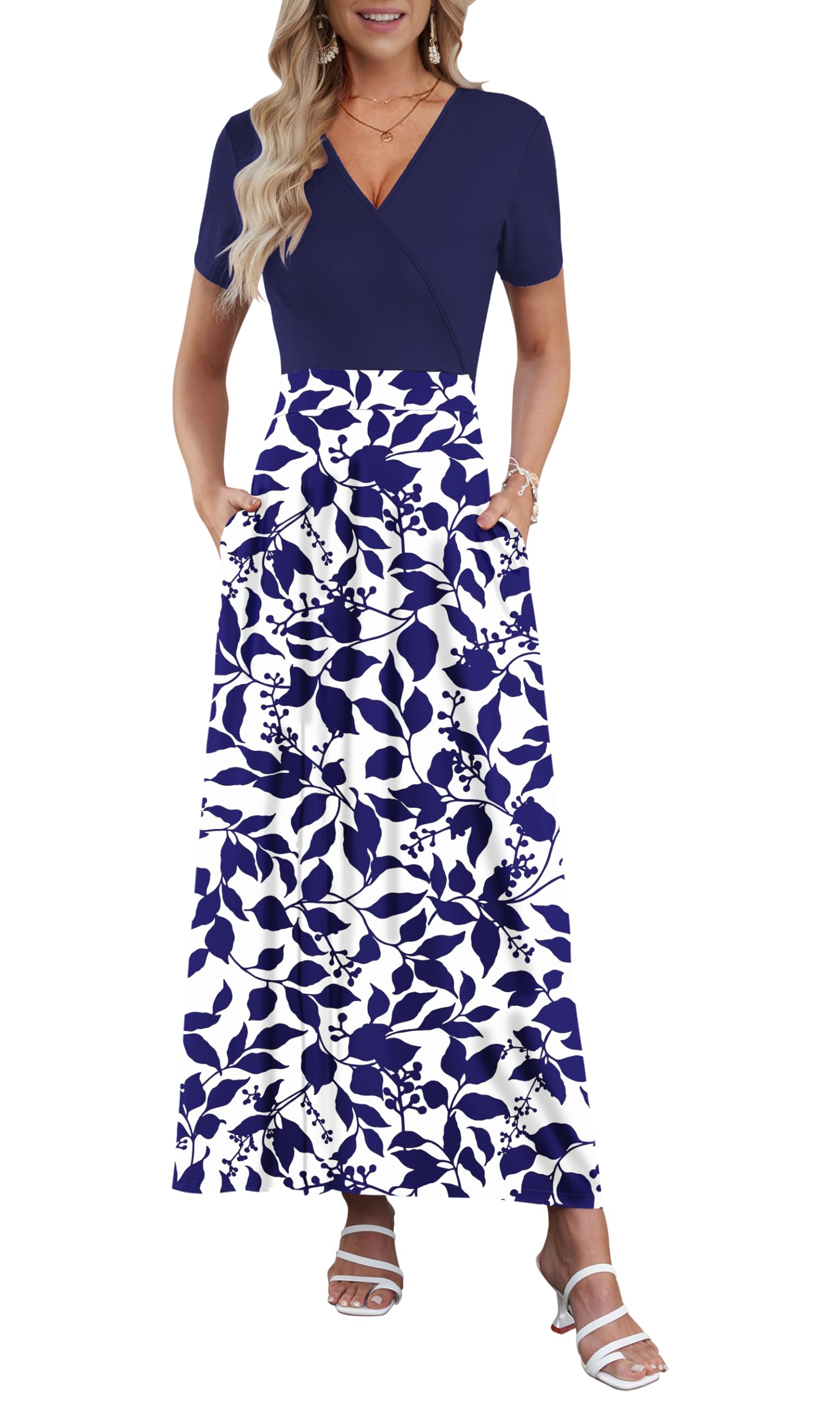 AUSELILY Maxi Dresses for Women Ankle Length Floral Print Beach Long Flowy Dress with Pockets