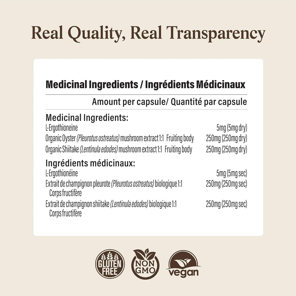 Real Mushrooms Ergothioneine Supplement – Golden Oyster Mushroom with Beta-Glucans – L-Ergothienine Extract Poweder – Organic, Vegan, Non-GMO, No Fillers – 60 Capsules Mushroom Supplement for Humans