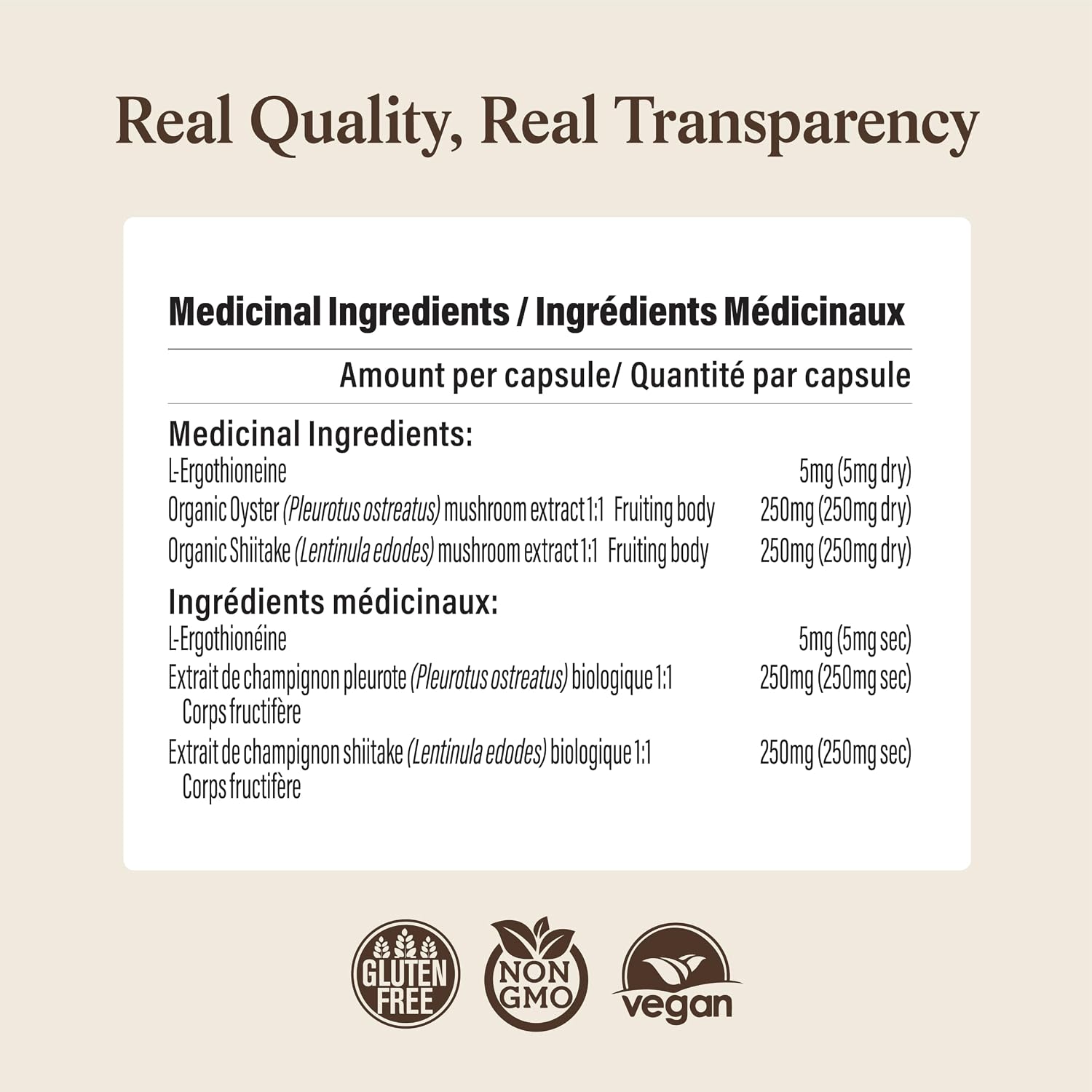 Real Mushrooms Ergothioneine Supplement – Golden Oyster Mushroom with Beta-Glucans – L-Ergothienine Extract Poweder – Organic, Vegan, Non-GMO, No Fillers – 60 Capsules Mushroom Supplement for Humans