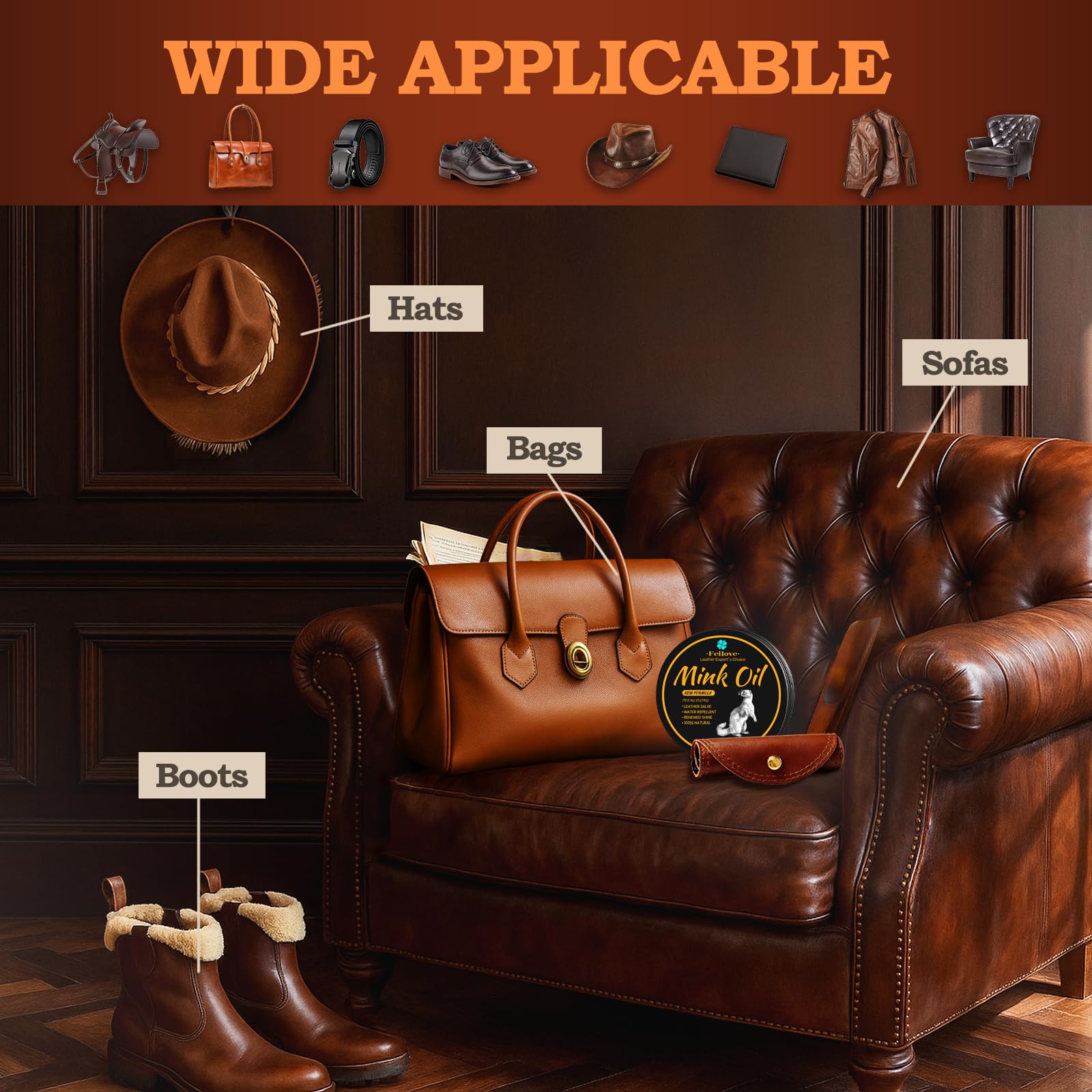 Feilove 4-in-1 Mink Oil Leather Conditioner and Cleaner 3.52 oz - Premium Waterproof Formula for Boots and Shoes