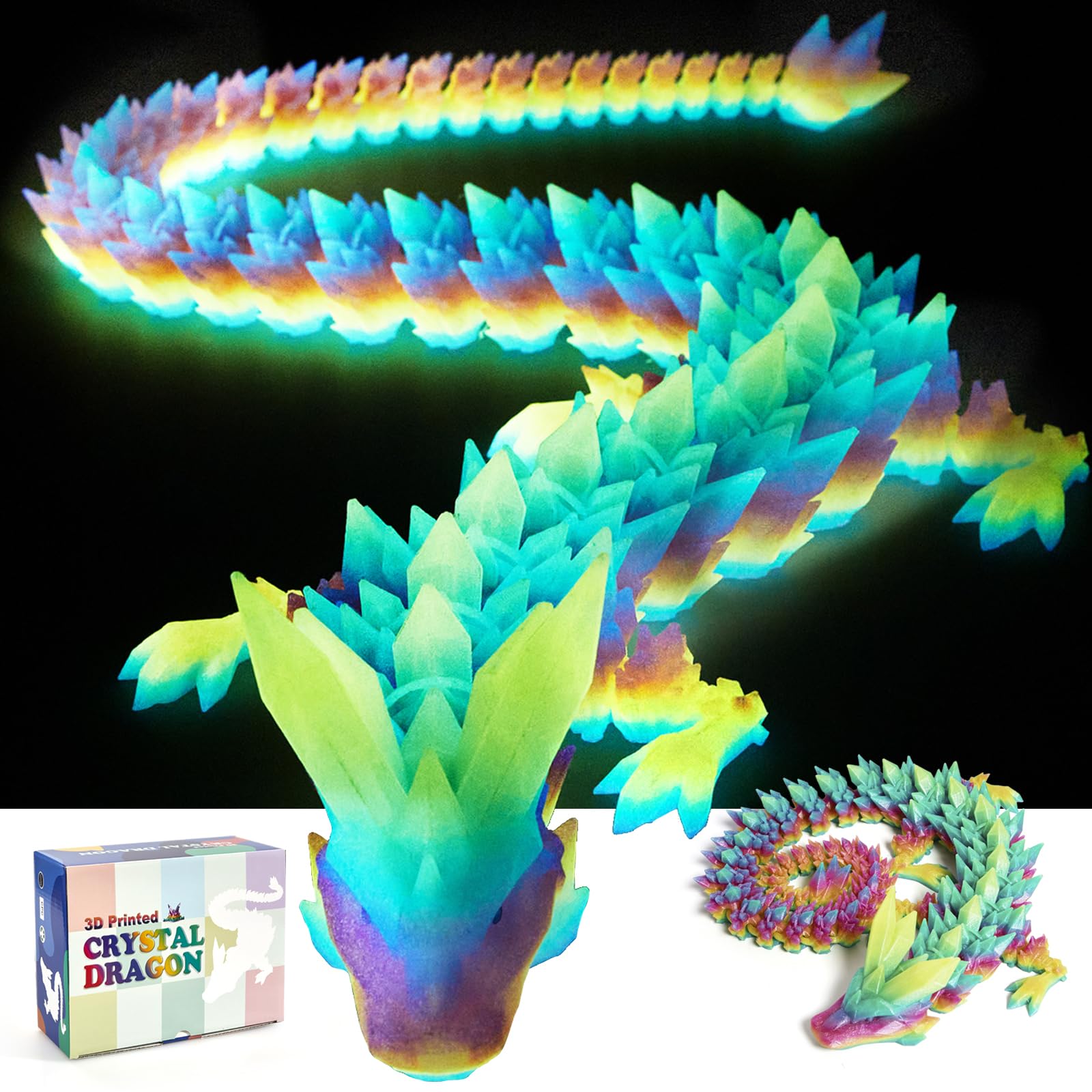 24" Large 3D Printed Dragon - Huge Articulated Crystal Dragon Fidget Toy, Giant Flexible 3D Dragon Figure, Birthday Gift for Boys Girls Kids & Collectors, Home Office Executive Desk Decor
