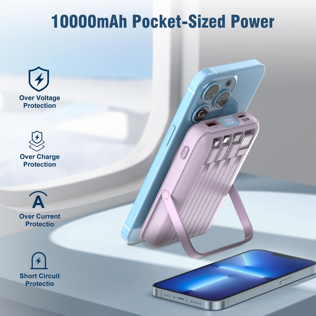 for Magsafe Battery Pack,10000mAh Magnetic Power Bank 22.5W PD Fast Charging with LED Display,Wireless Portable Charger with Built-in Cables and Stand for iPhone 17/16/15/14/13/12/Pro/Pro Max