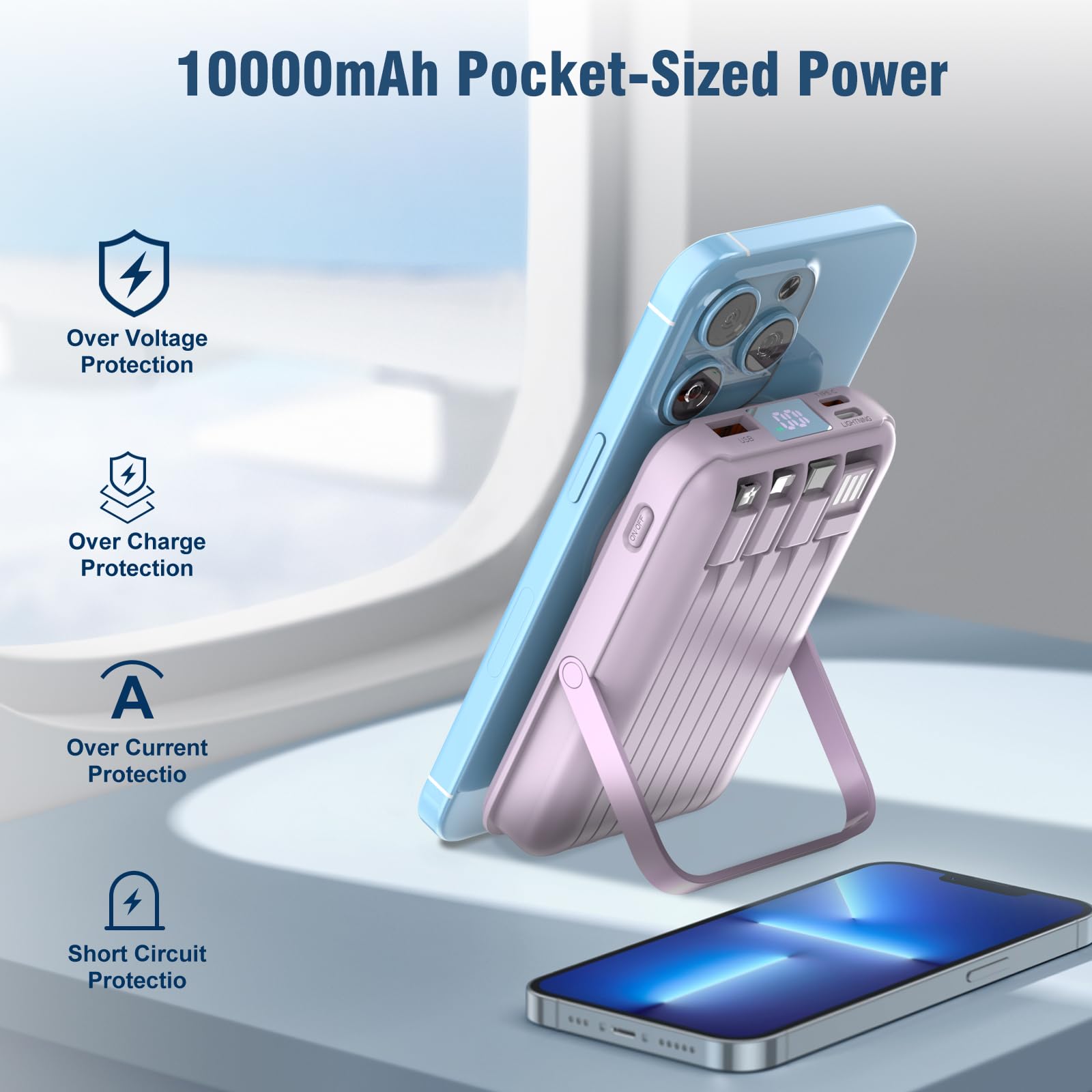 for Magsafe Battery Pack,10000mAh Magnetic Power Bank 22.5W PD Fast Charging with LED Display,Wireless Portable Charger with Built-in Cables and Stand for iPhone 17/16/15/14/13/12/Pro/Pro Max