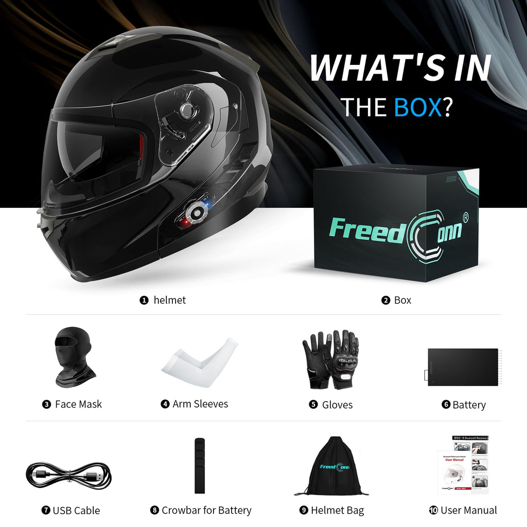 FreedConn BM2-S Bluetooth Motorcycle Helmet, Flip-Up Modular Motorbike Helmet, 500M Connectivity for 2-3 Riders, Voice Dial, Hands-Free Call, MP3, FM, DOT Certified (Medium, Gloss Black)