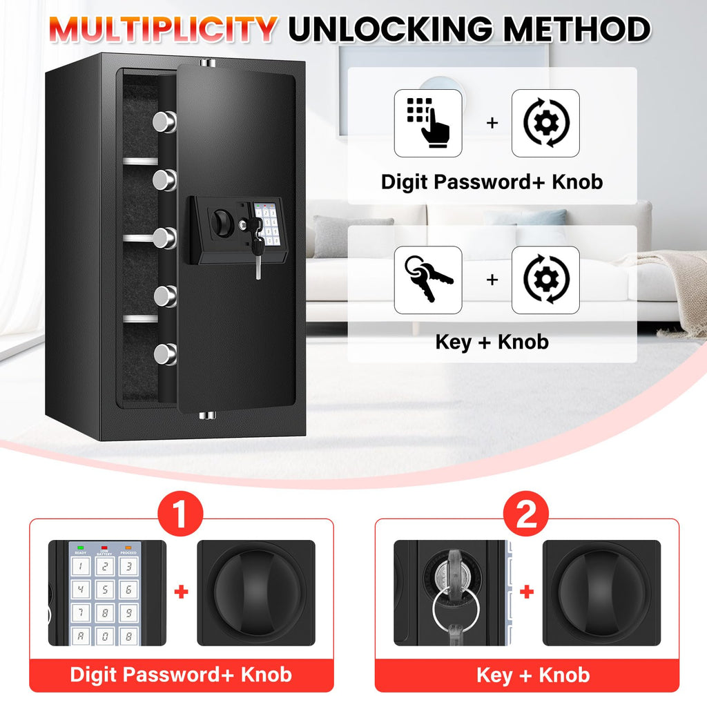 Home Safe Box, Safes with Fireproof Waterproof Bag, 9.84'' H Anti-Theft Digital Security Lock Box with Smart Alert System, Removable Shelf, Mute Function, Document Safes for Jewelry