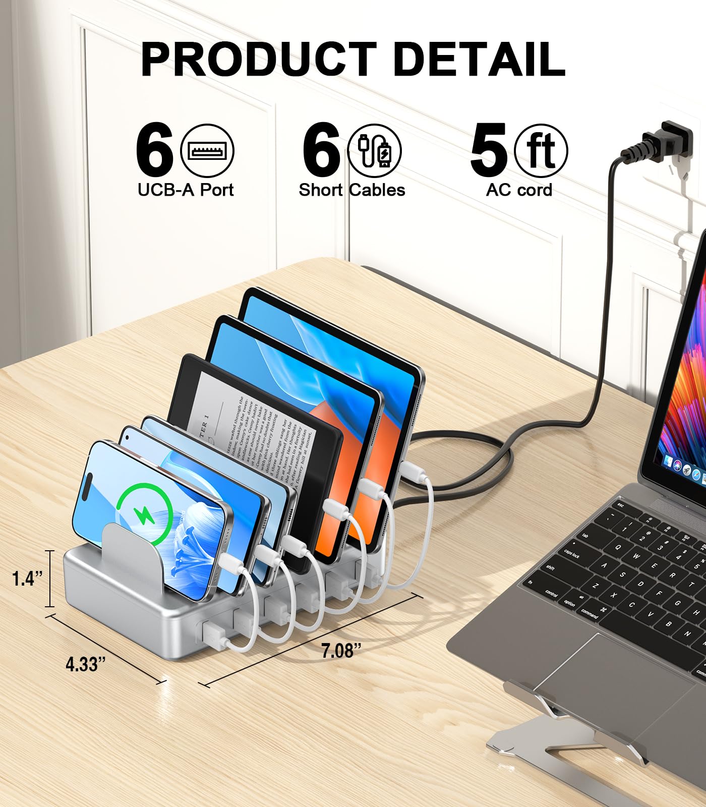 CREATIVE DESIGN 50W 6 Ports Multi Charger Station with 6 Charging Cables, USB Charging Dock for Multiple Devices, Compatible with Cellphone iPad Kindle Tablet and Other Electronic Devices