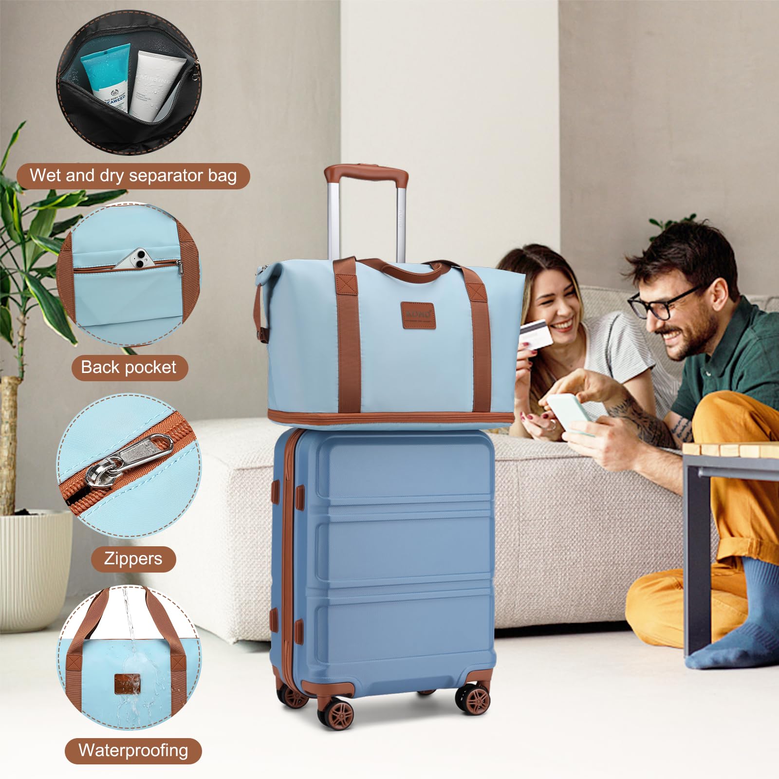 Kono Carry On Luggage Set Airline Approved Lightweight PC+ABS Carry On Suitcase with TSA Lock Spinner Wheels Durable Luggage Hardside Apricot Blue
