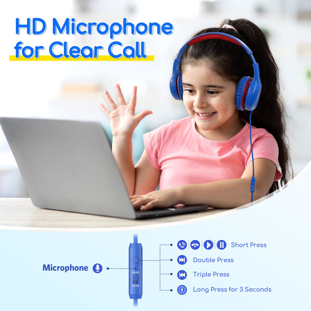 EarFun K1 Kids Headphones Wired with Microphone, 85/94dB Volume Limit Headphones for Kids, Portable Wired Headphone with Shareport, Stereo Sound Foldable Headset for School/Tablet/iPad, Black Red