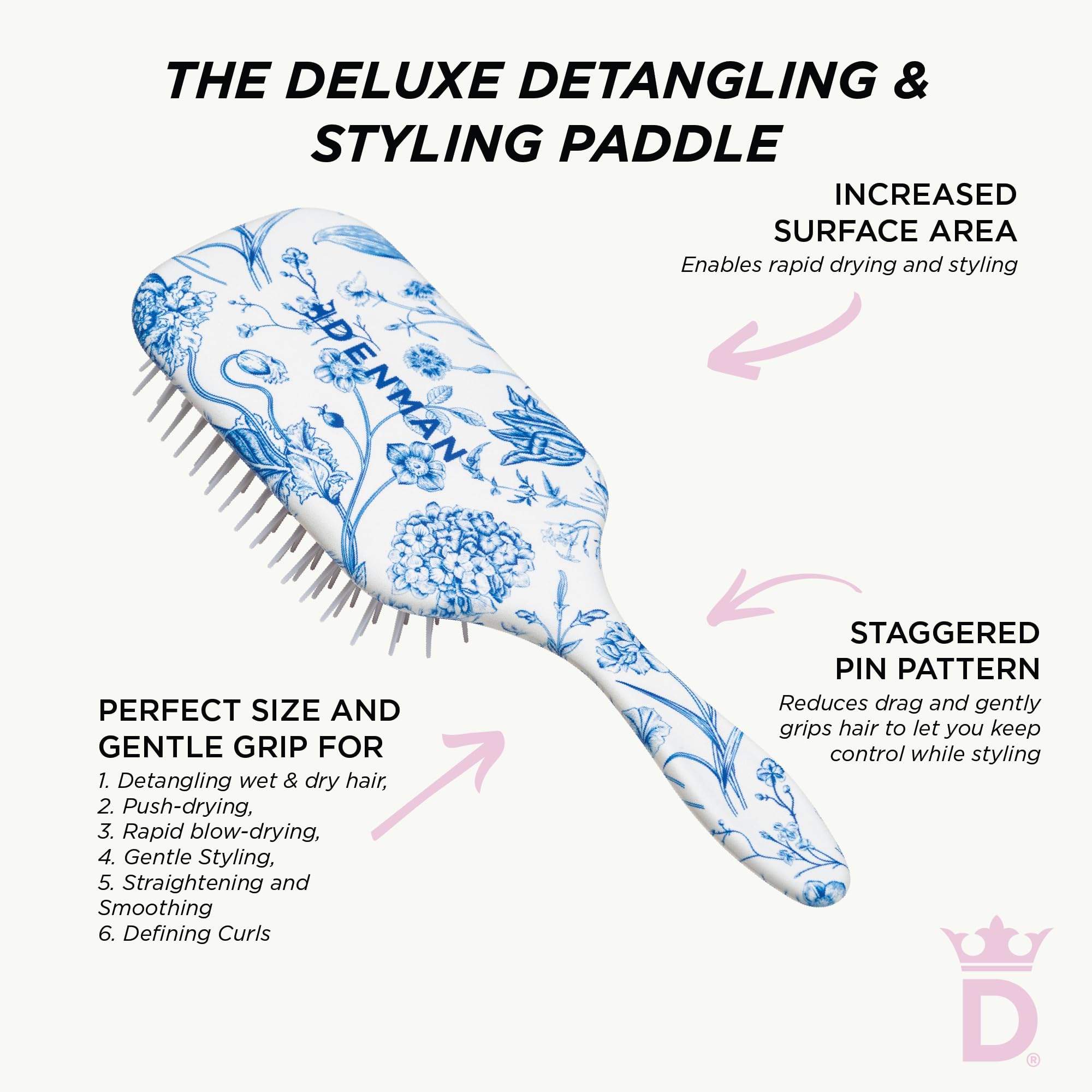 Denman Power Paddle Hair Brush for Quick and Convenient Detangling, Blow Drying and Styling - Combination of D3 Styling Pens & Paddle Brush - For Men and Women P038