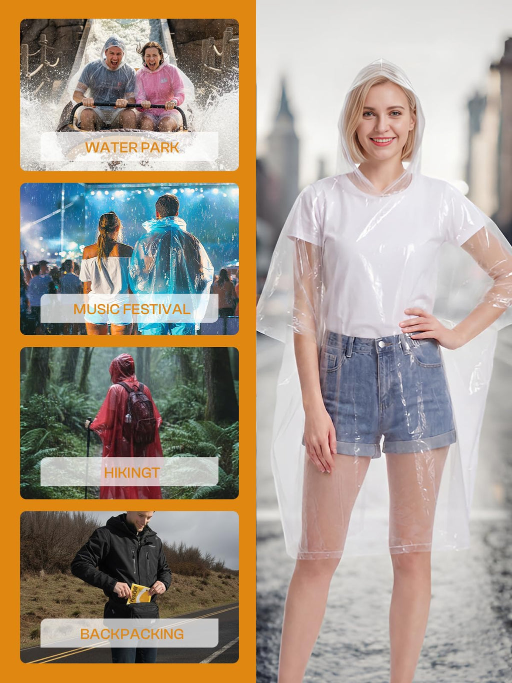 SaphiRose Disposable Rain Ponchos for Adults, 4 Pack Family Pack Clear Emergency Hooded Raincoat for Travel Camping
