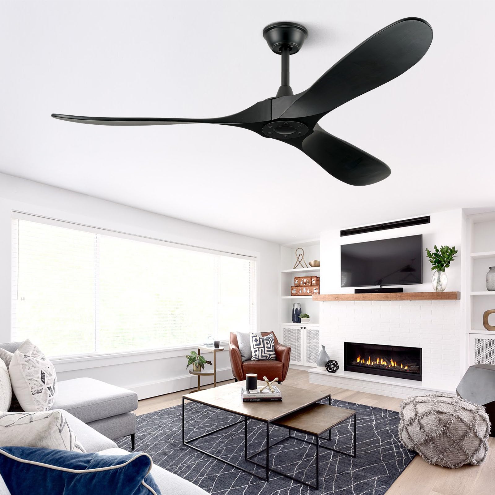 ABZ Ceiling Fans without Lights - 52 Inch Modern Ceiling Fans no Lights with Remote Control, Black 3 Blade Solid Wood Indoor Outdoor Ceiling Fans for Patios Living Room Bedroom