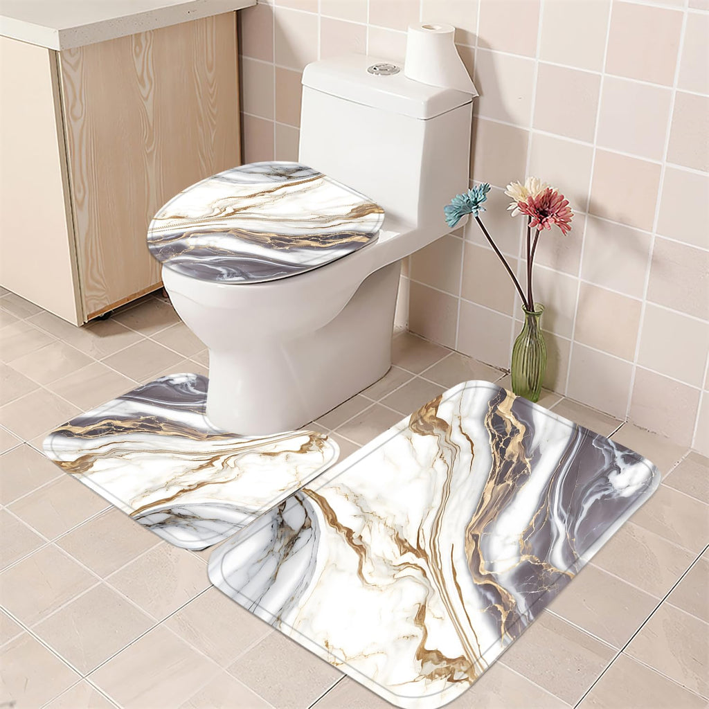 Nkzply 4 Pcs Black Marble Shower Curtain Sets with Rugs Gold Bathroom Sets with Shower Curtain and Rugs Modern Abstract Bathroom Decor Accessories Shower Curtains for Bathroom Toilet Lid Cover