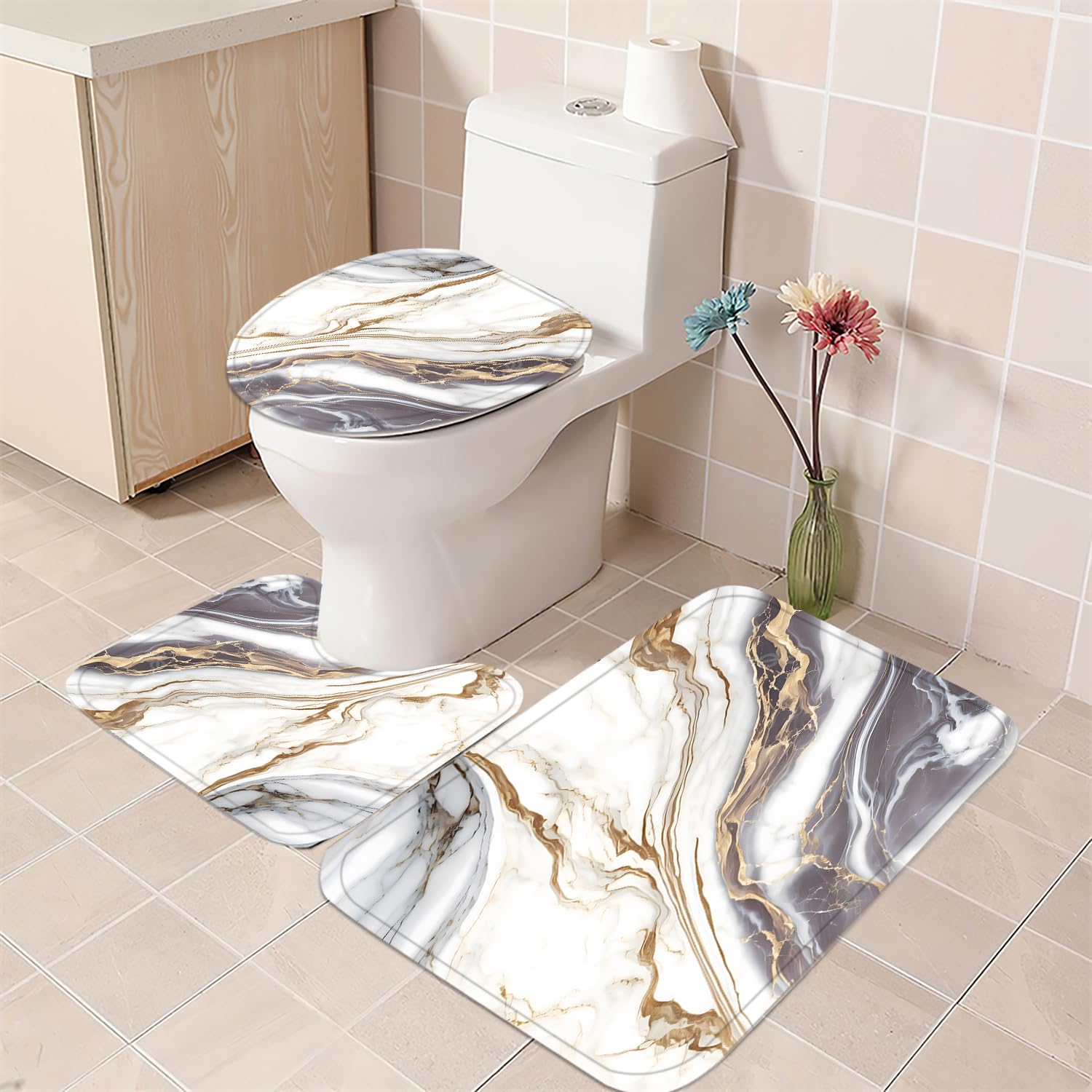 Nkzply 4 Pcs Black Marble Shower Curtain Sets with Rugs Gold Bathroom Sets with Shower Curtain and Rugs Modern Abstract Bathroom Decor Accessories Shower Curtains for Bathroom Toilet Lid Cover