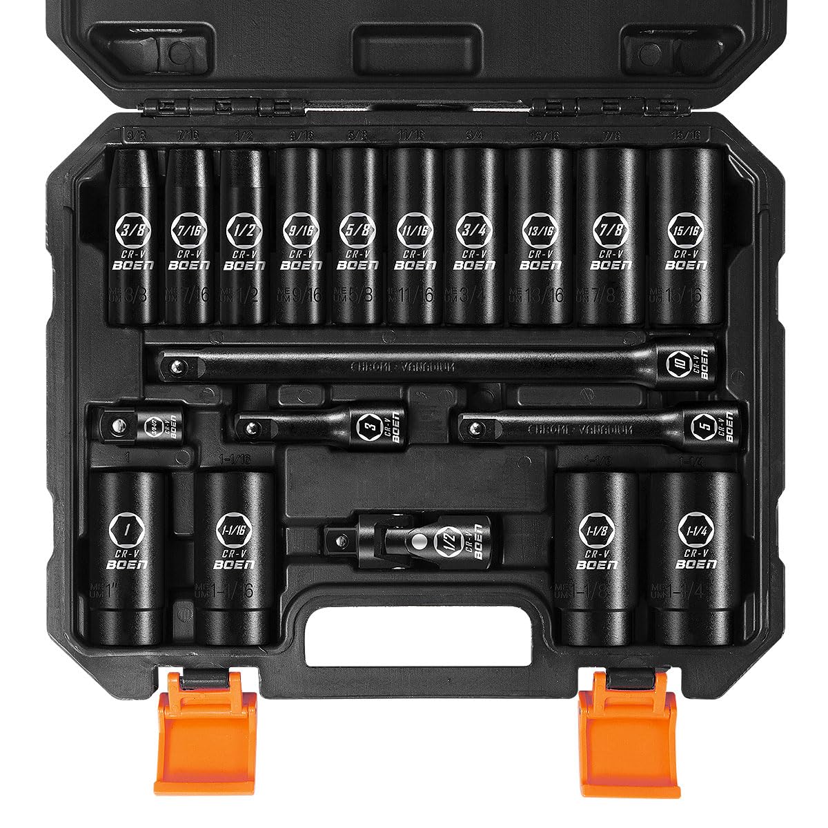 BOEN 1/2" Drive Deep Impact Socket Set, 11 Pieces Socket Set Metric 10-24mm, 6 Point Design, Cr-V Steel, Laser Marking, Durable Storage Case, Meets ANSI Standards