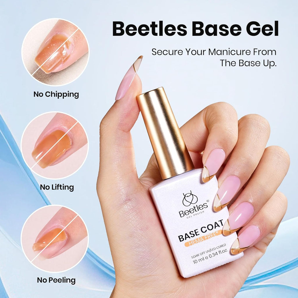 Beetles 2Pcs 15ml Gel Base and Top Coat Set - Upgrade No Wipe Extra Glossy Top Coat Finish for Gel Nail Polish, Soak Off UV/LED Lamp Needed, Essentials for Long-Lasting Manicure Kit