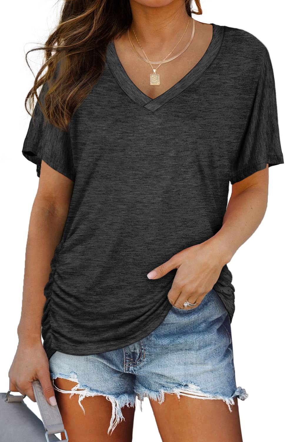 WIHOLL Womens Summer T-Shirts Short Sleeve V Neck Dolman Tops with Side Shirring Loose Fit Shirts Spring Fashion